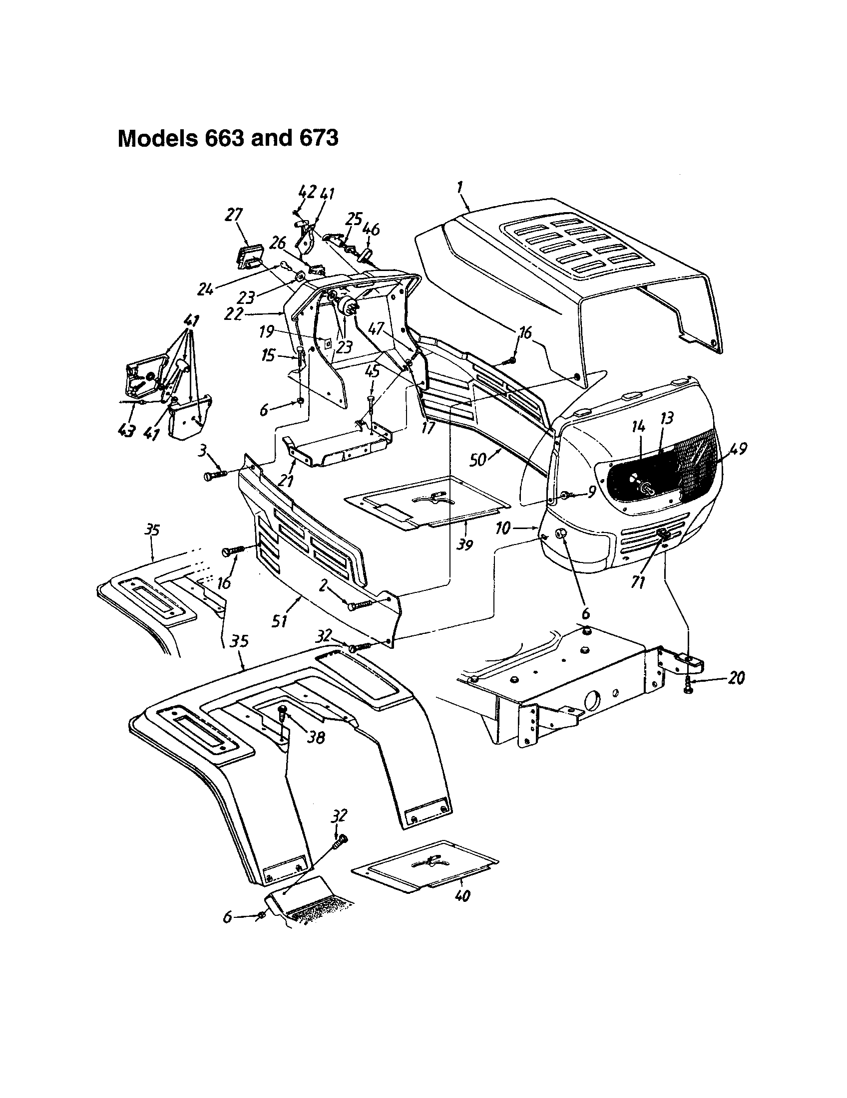 MTD 660 THRU 679 hood - model 663 and 673 diagram