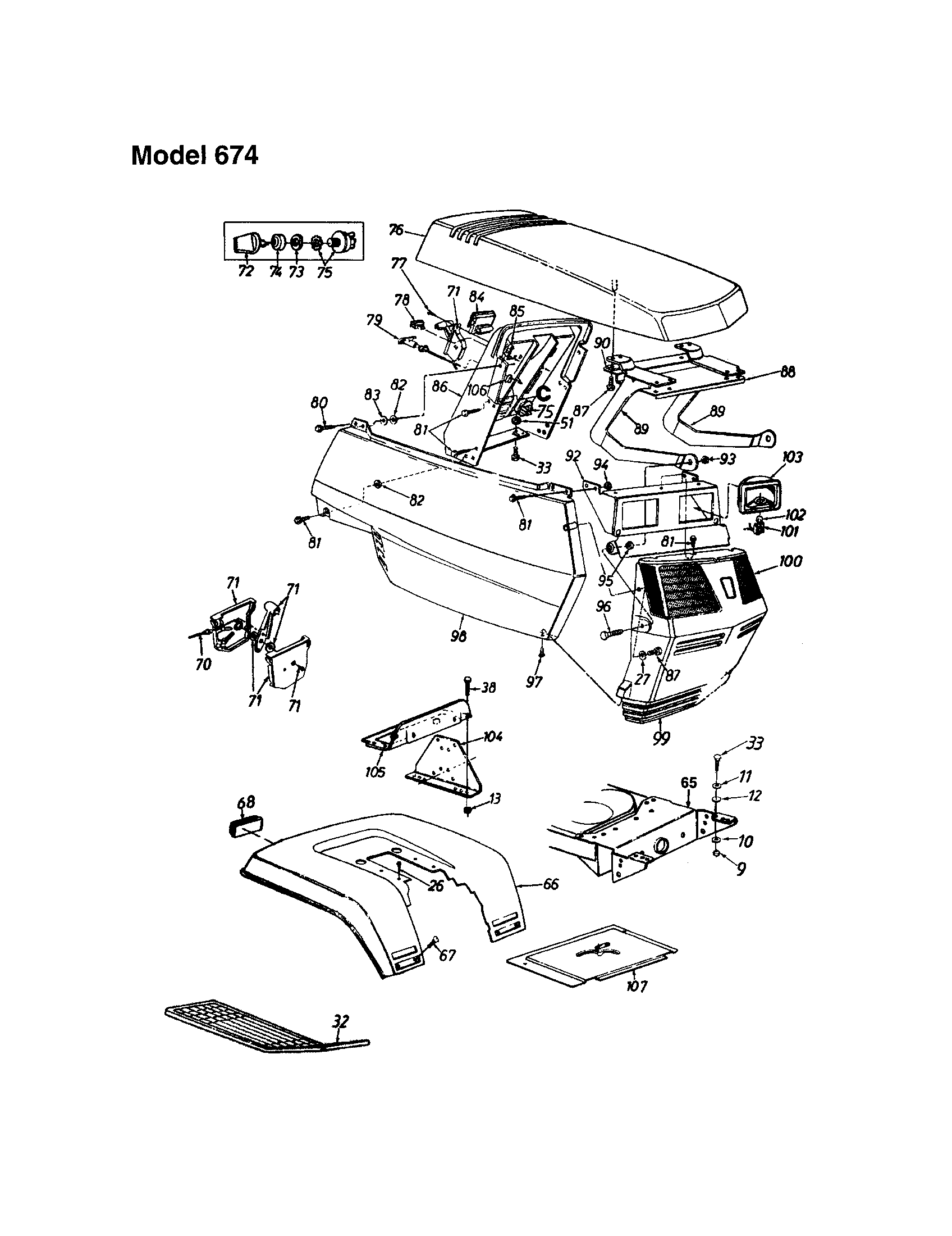 MTD 13BH670F062 hood - model 674 diagram