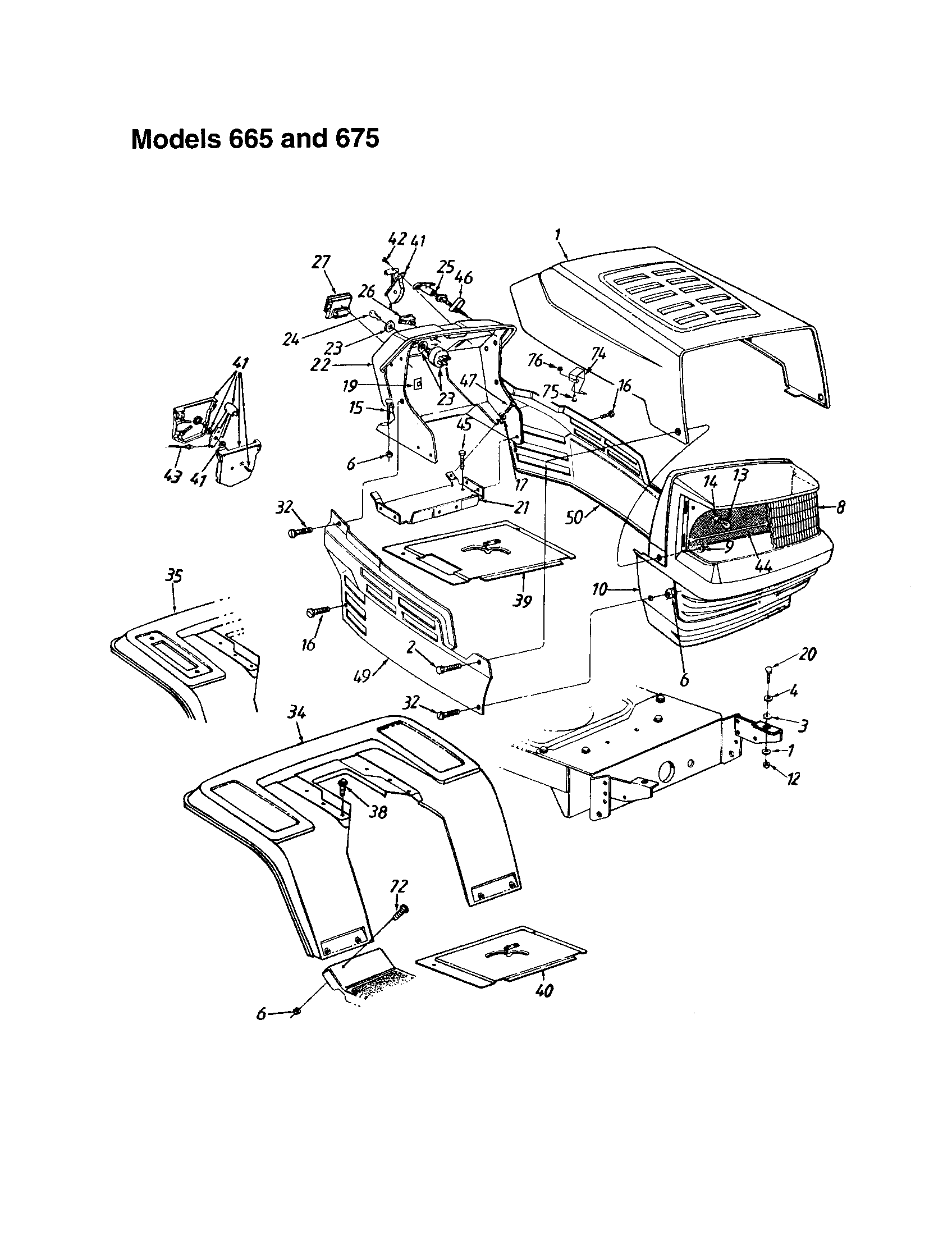 MTD 660 THRU 679 hood - models 665 and 675 diagram