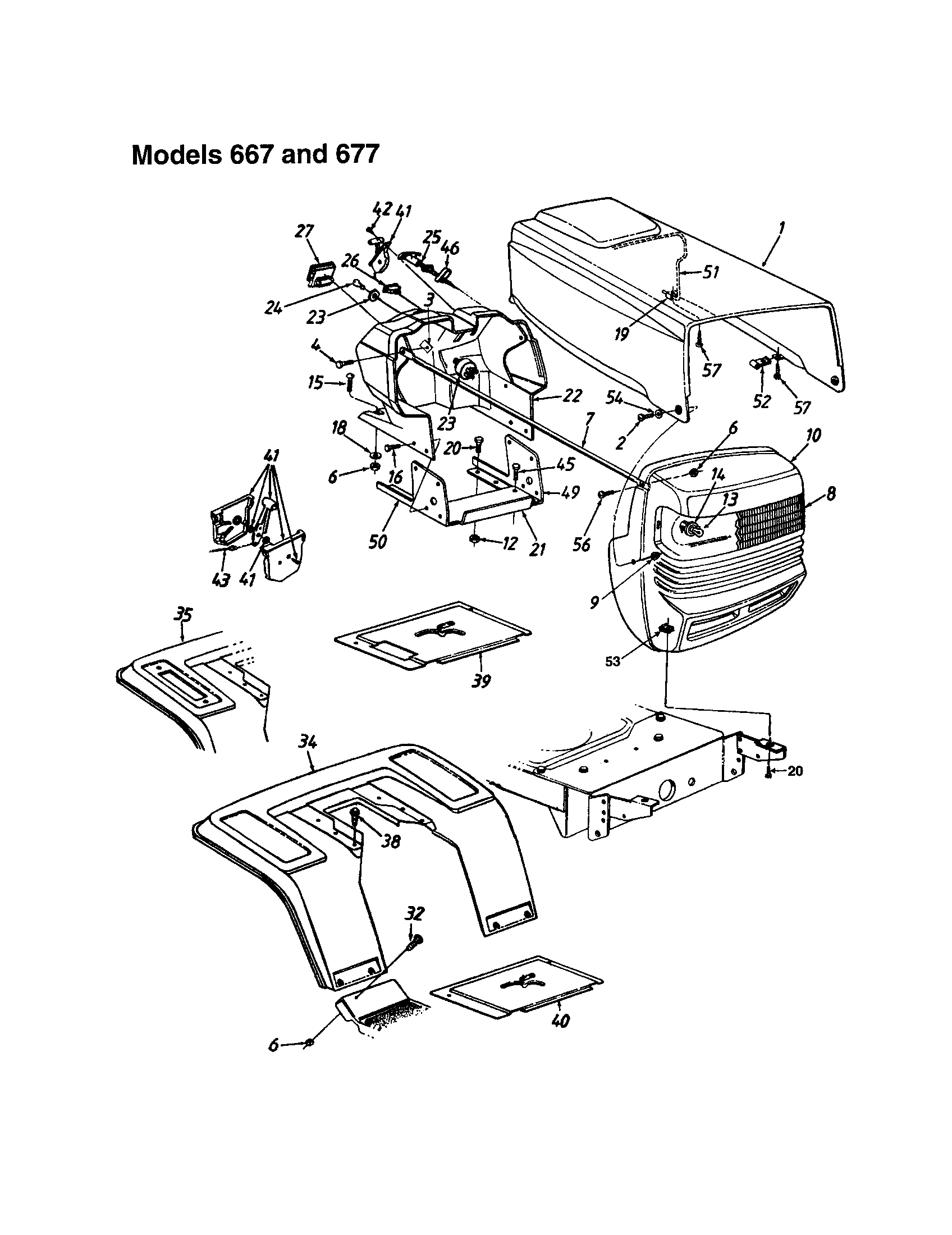 MTD 660 THRU 679 hood - models 667 and 677 diagram