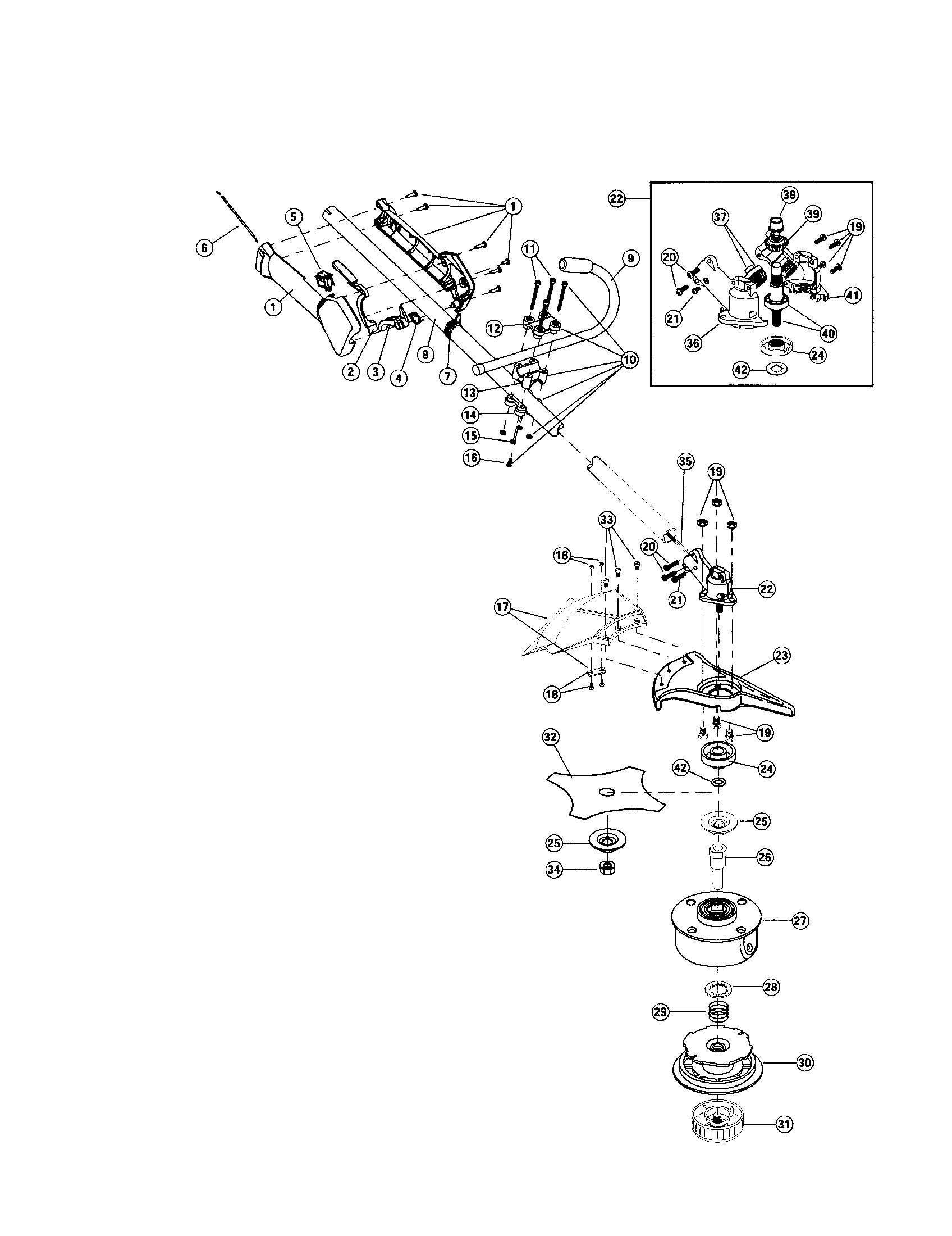 Bolens 41BD250G163 throttle housing/driveshaft/blade diagram