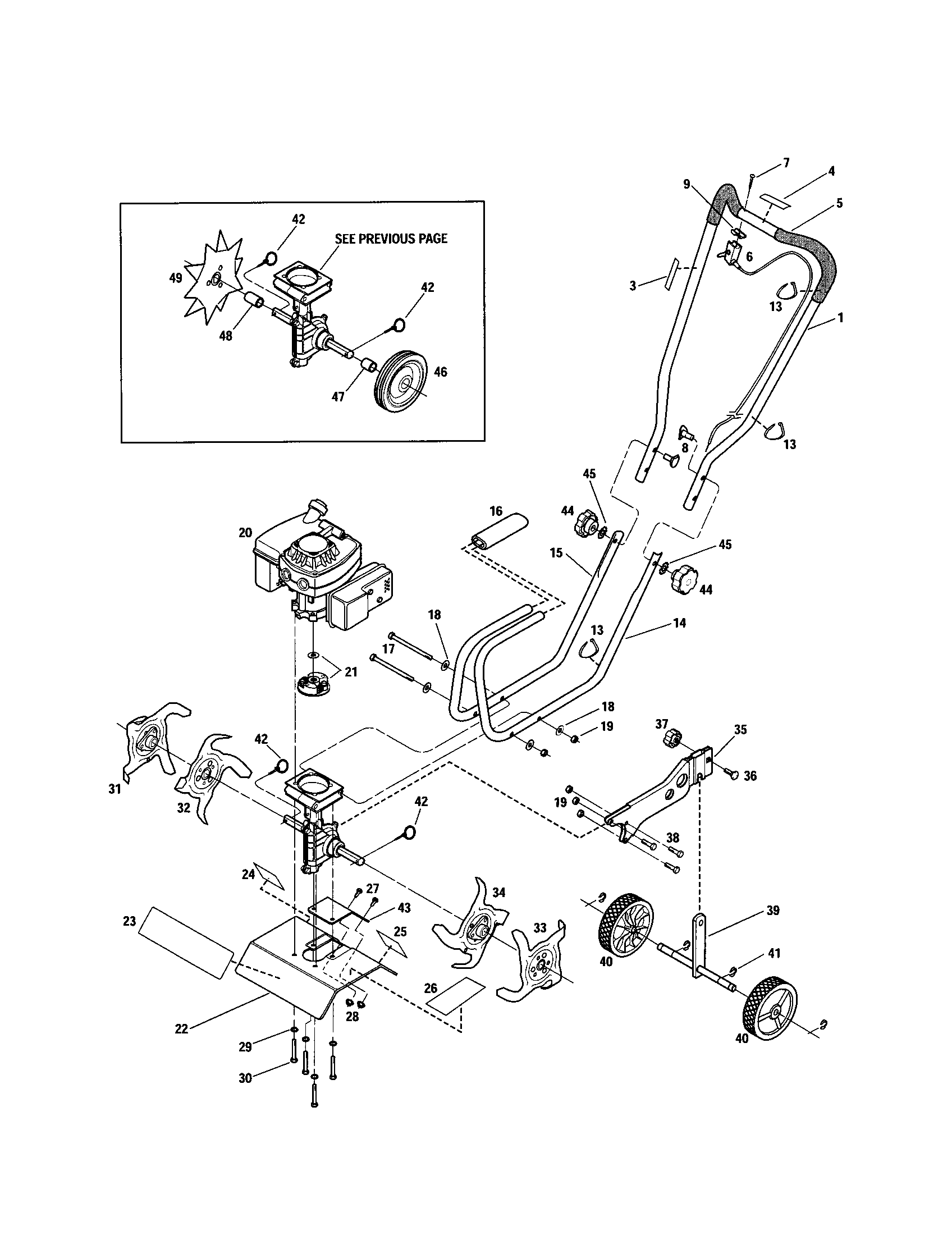 Troybilt 12215 engine/handle/tines/wheels diagram