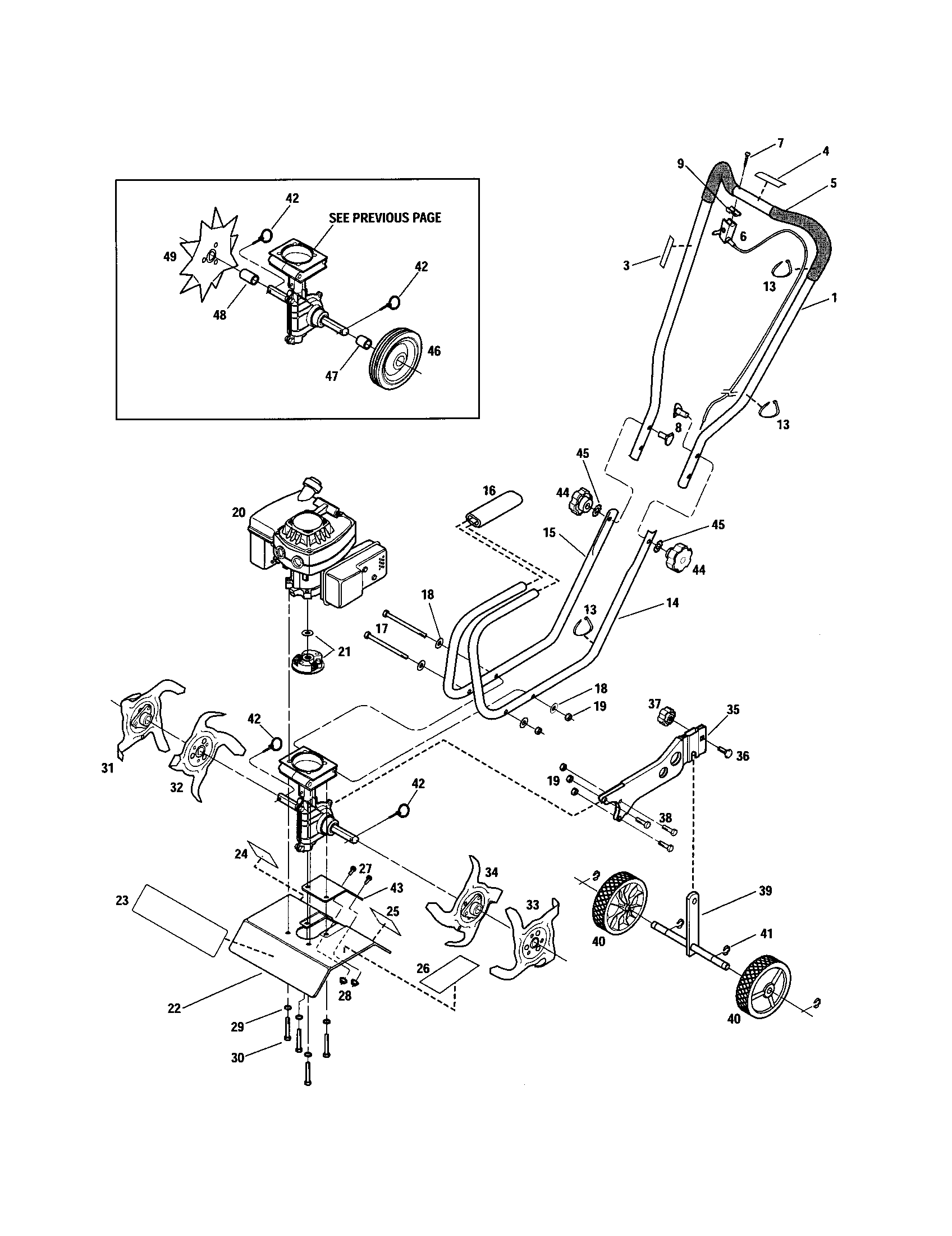 Troybilt 12097 engine/handle/tines/wheels diagram