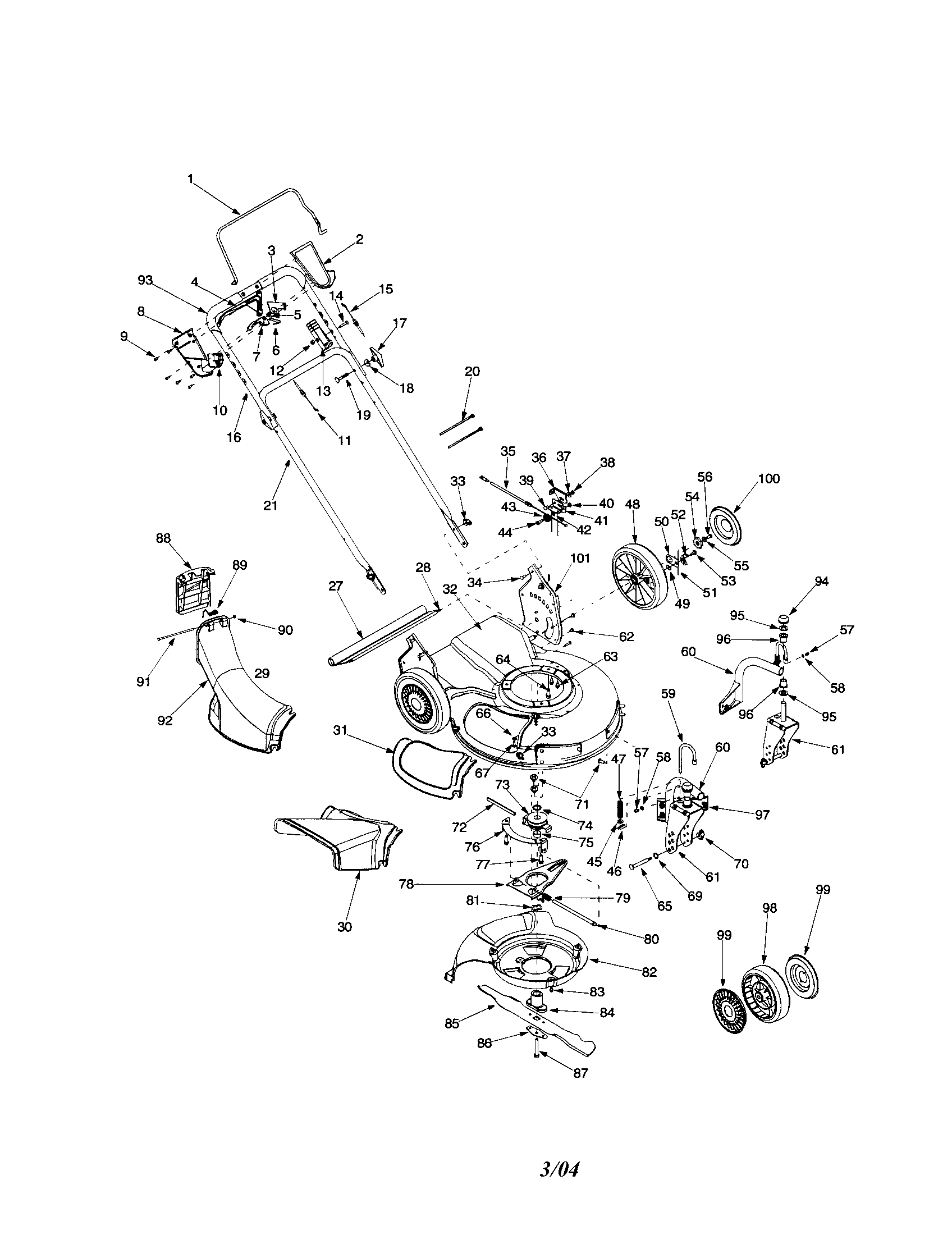 Troybilt 12A-999K063 handle/deck/blade/wheels diagram