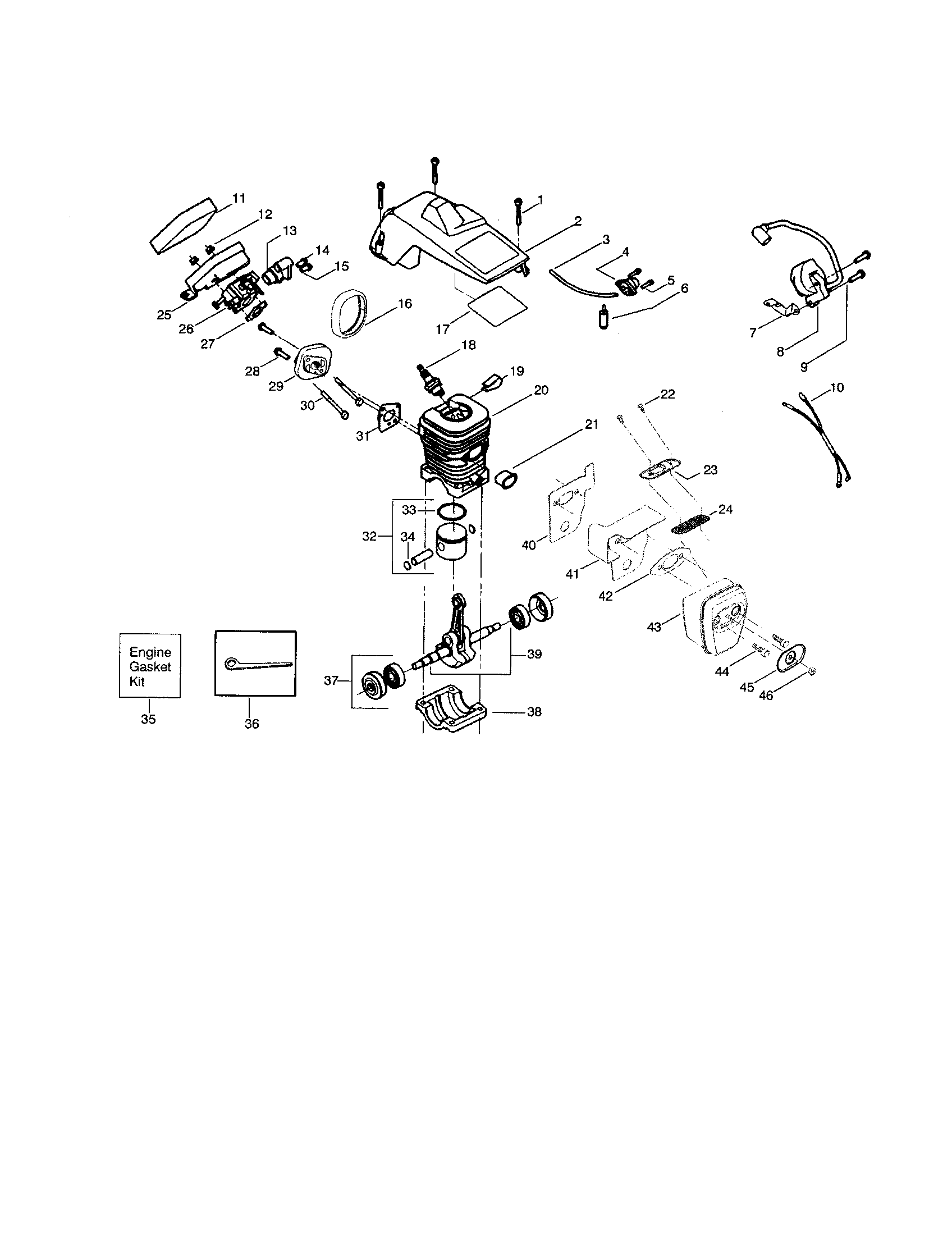 Poulan PATRIOT 1900 LE cylinder/shield/crankshaft diagram