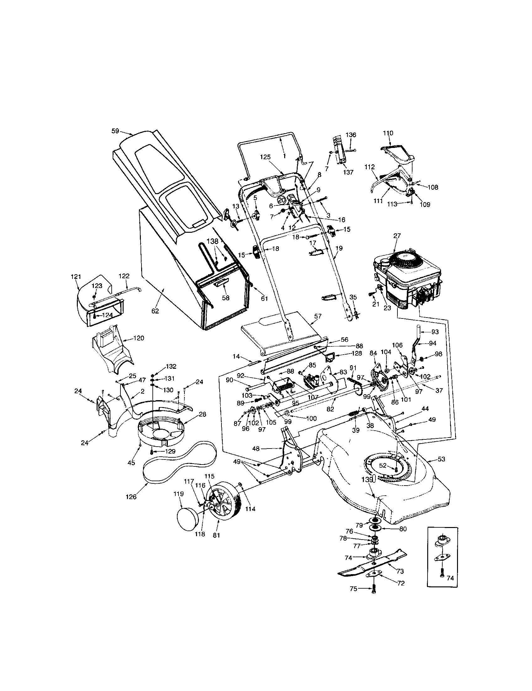Cub Cadet 379 deck/bag/handle/wheels/engine diagram
