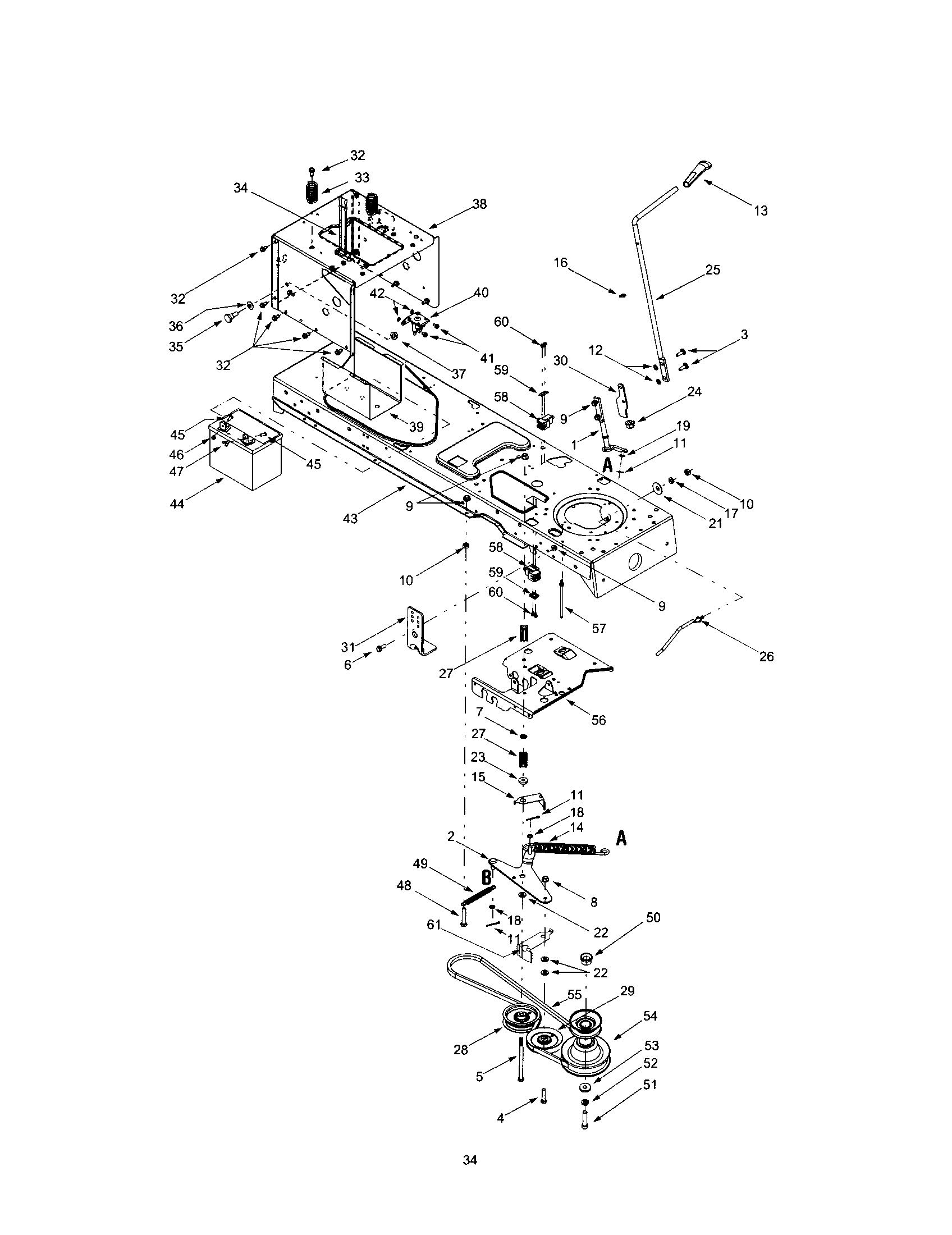 Troybilt 13AJ609G766-2003 battery and pulleys diagram