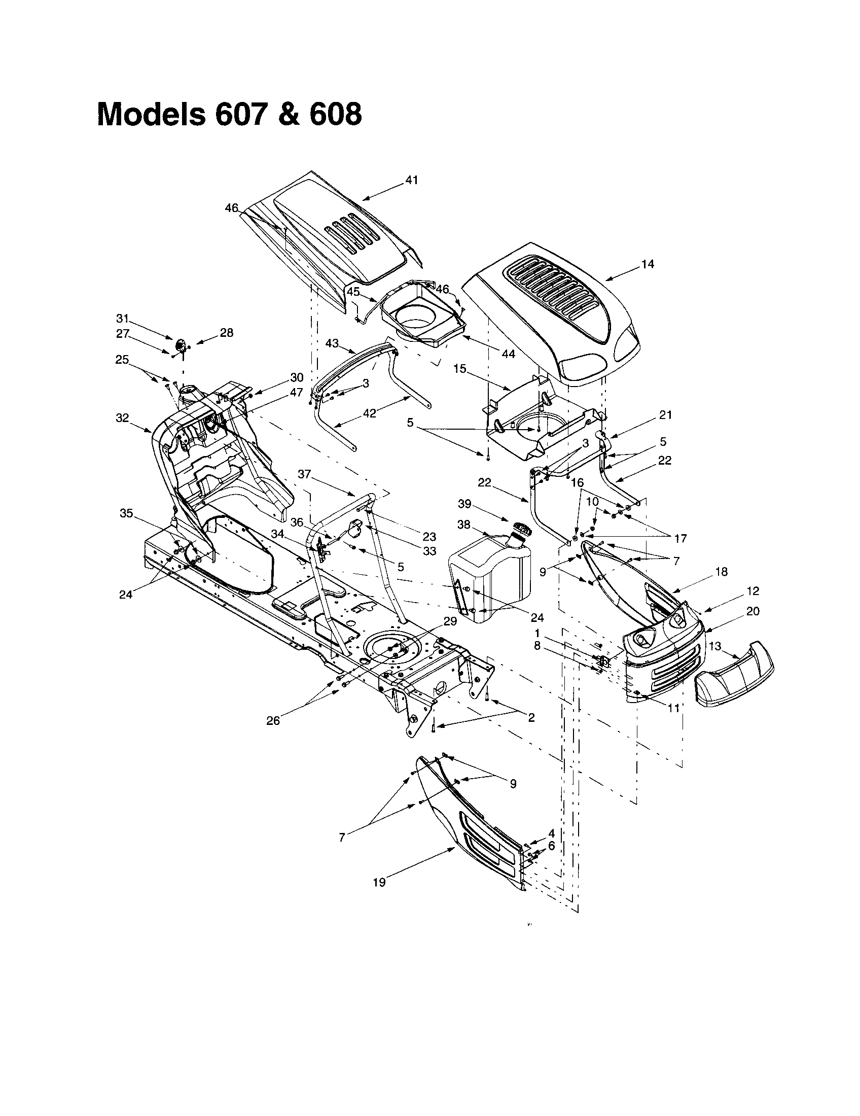 MTD 609 hood and grille - 607 and 608 diagram
