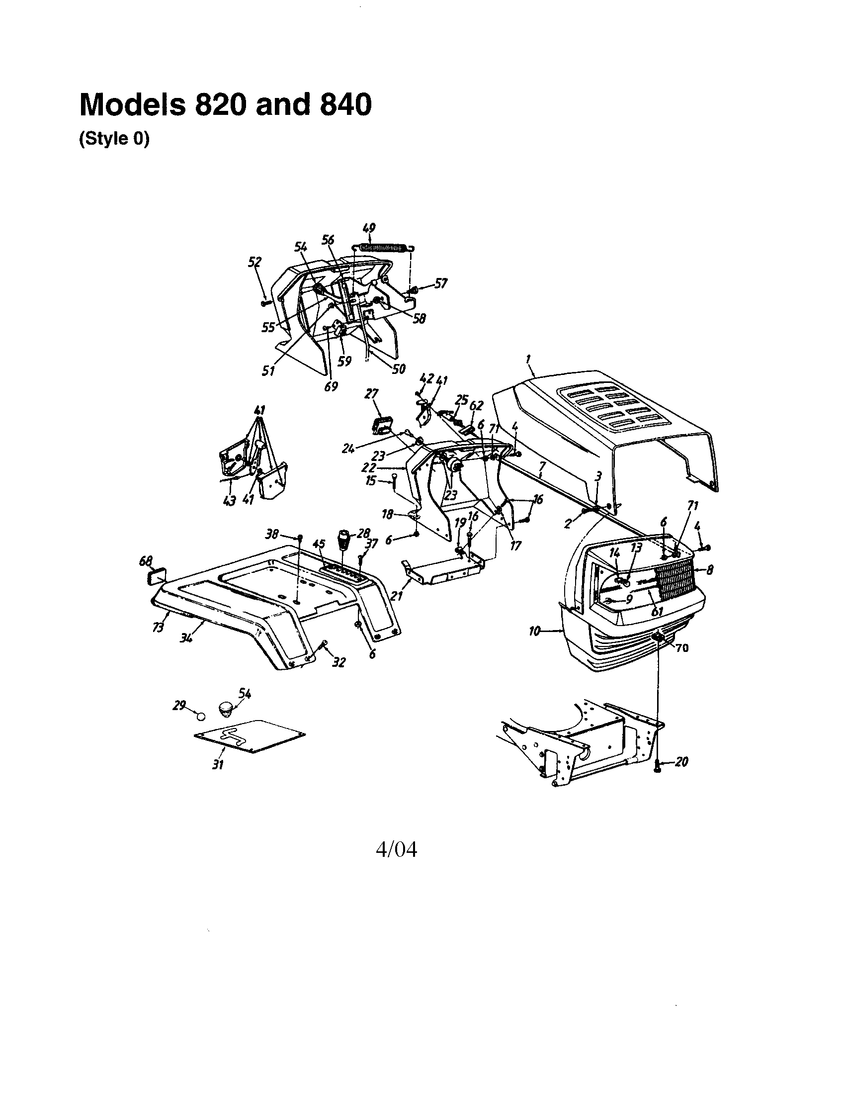 MTD 840 THRU 849 hood/grille - style 0 - 820 and 840 diagram