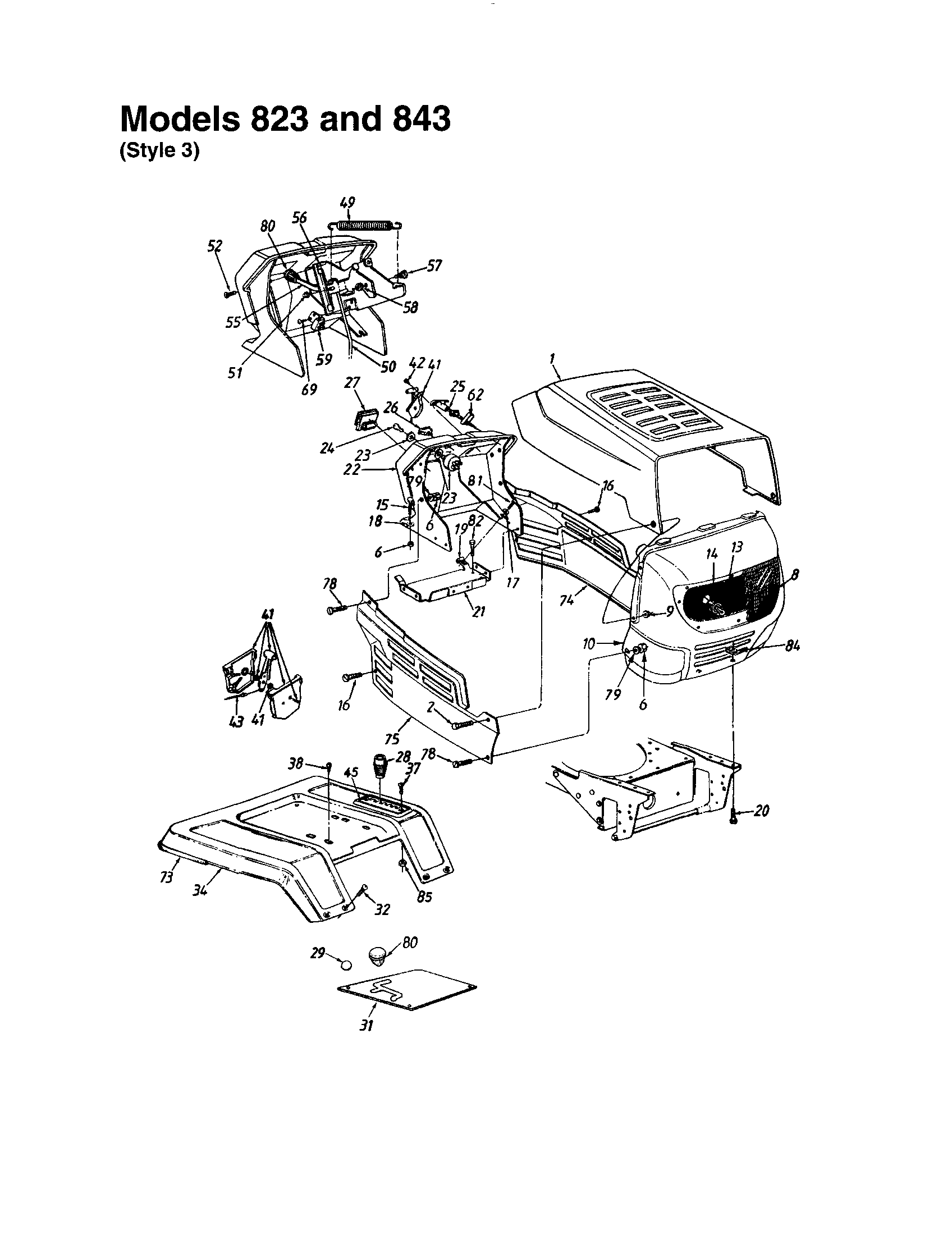 MTD 840 THRU 849 hood/grille - style 3 - 823 and 843 diagram