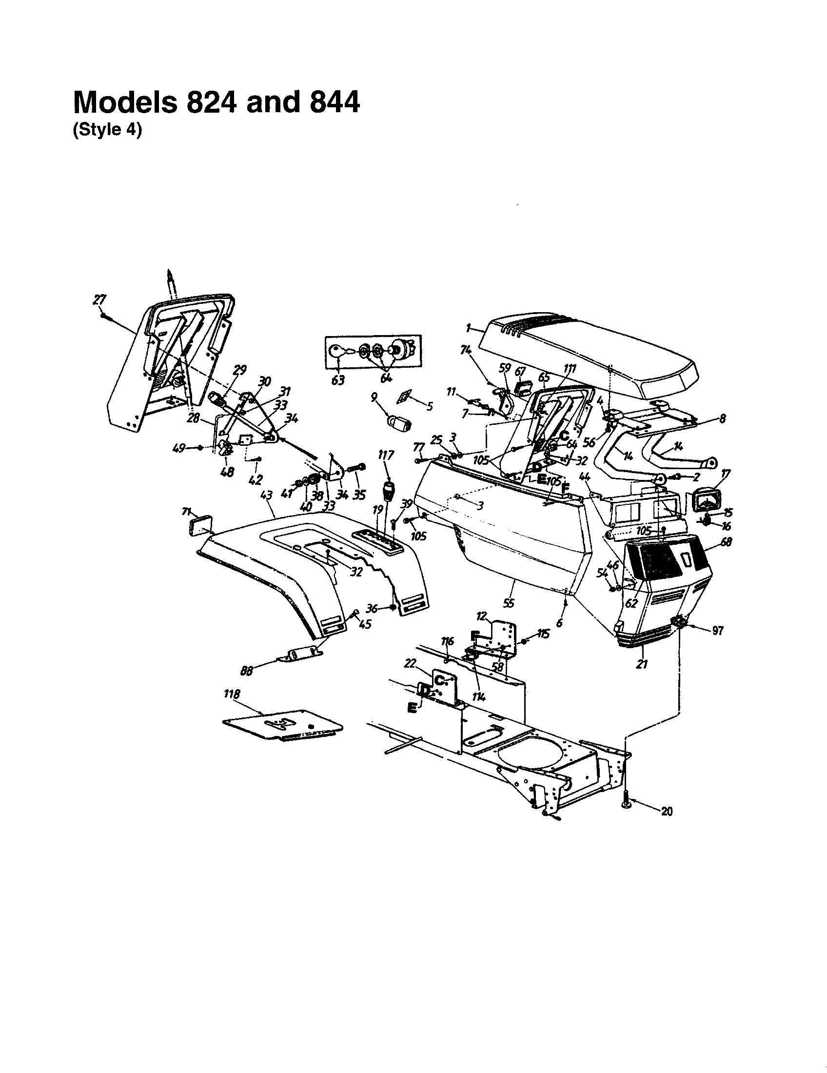 MTD 840 THRU 849 hood/grille - sytle 4 - 824 and 844 diagram