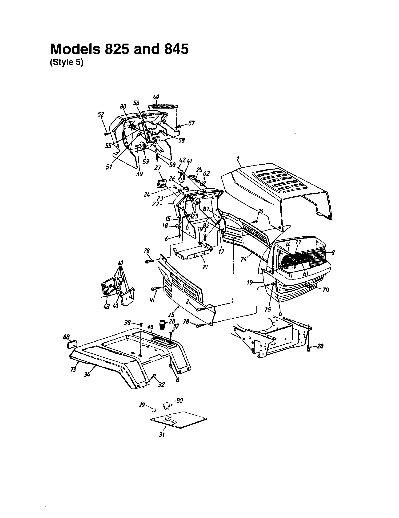 MTD 840 THRU 849 hood/grille - sytle 5 - 825 and 845 diagram