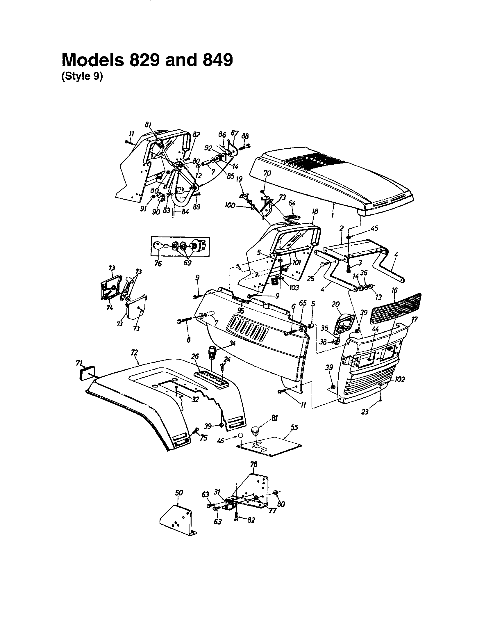 MTD 840 THRU 849 hood/grille - style 9 - 829 and 849 diagram