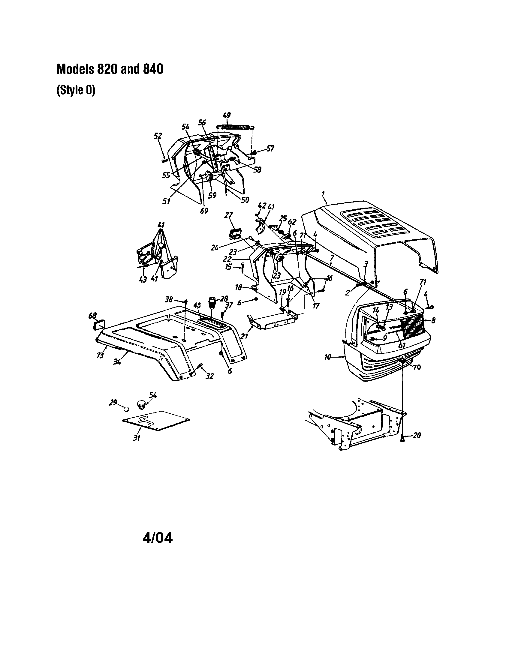 MTD 840 THRU 849 grille/hood - style 0 - 820 and 840 diagram