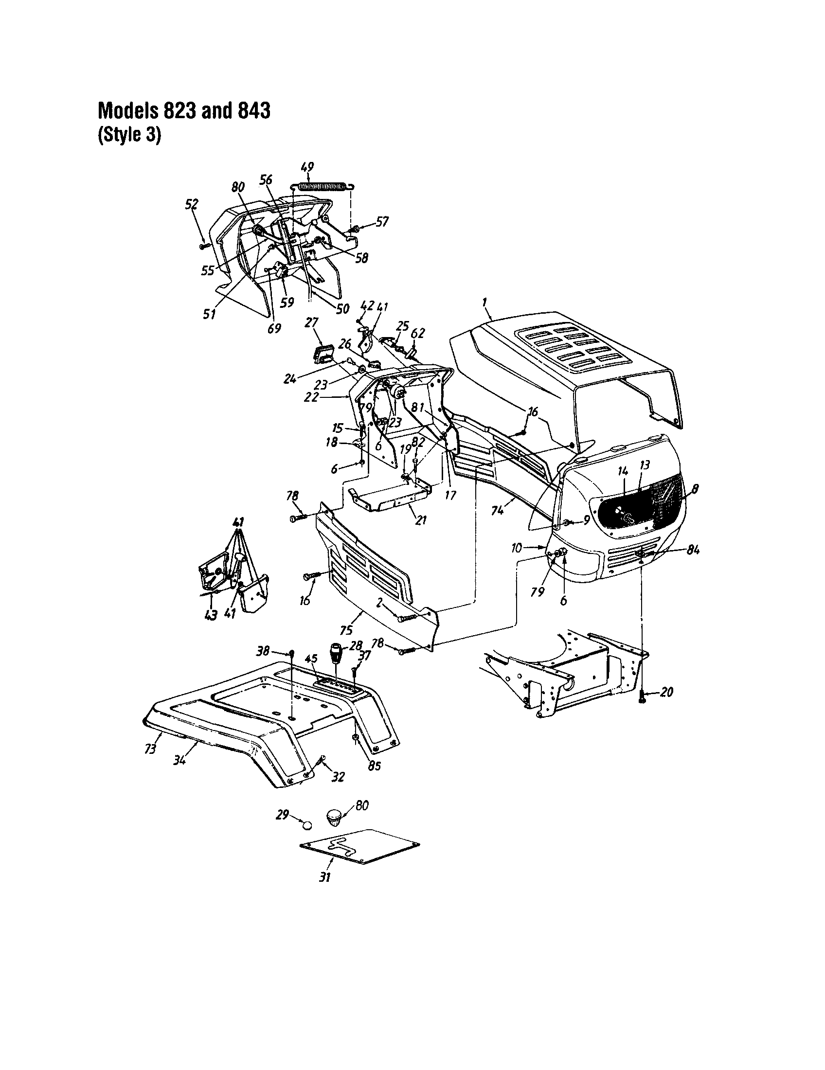 MTD 840 THRU 849 hood/grille - style 3 - 823 and 843 diagram