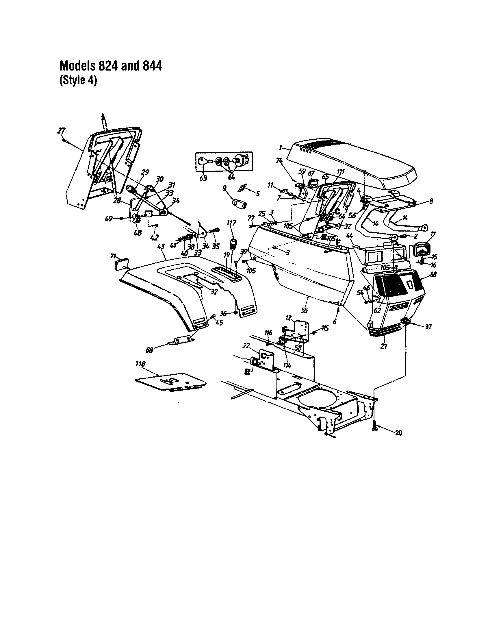 MTD 840 THRU 849 hood/grille - style 4 - 824 and 844 diagram