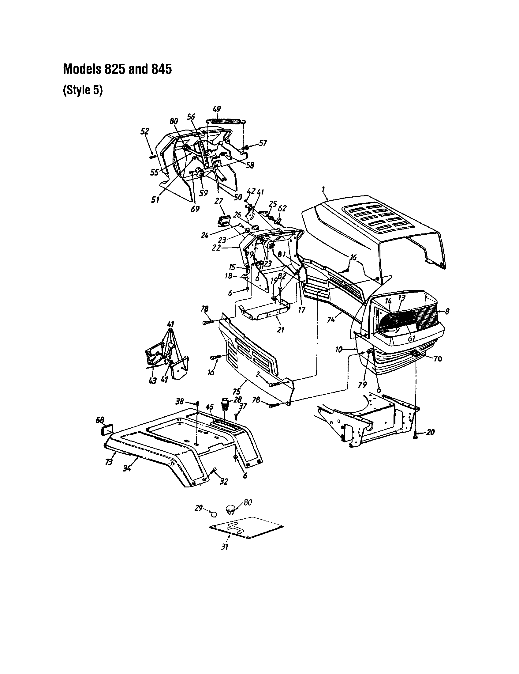 MTD 840 THRU 849 hood/grille - style 5 - 825 and 845 diagram
