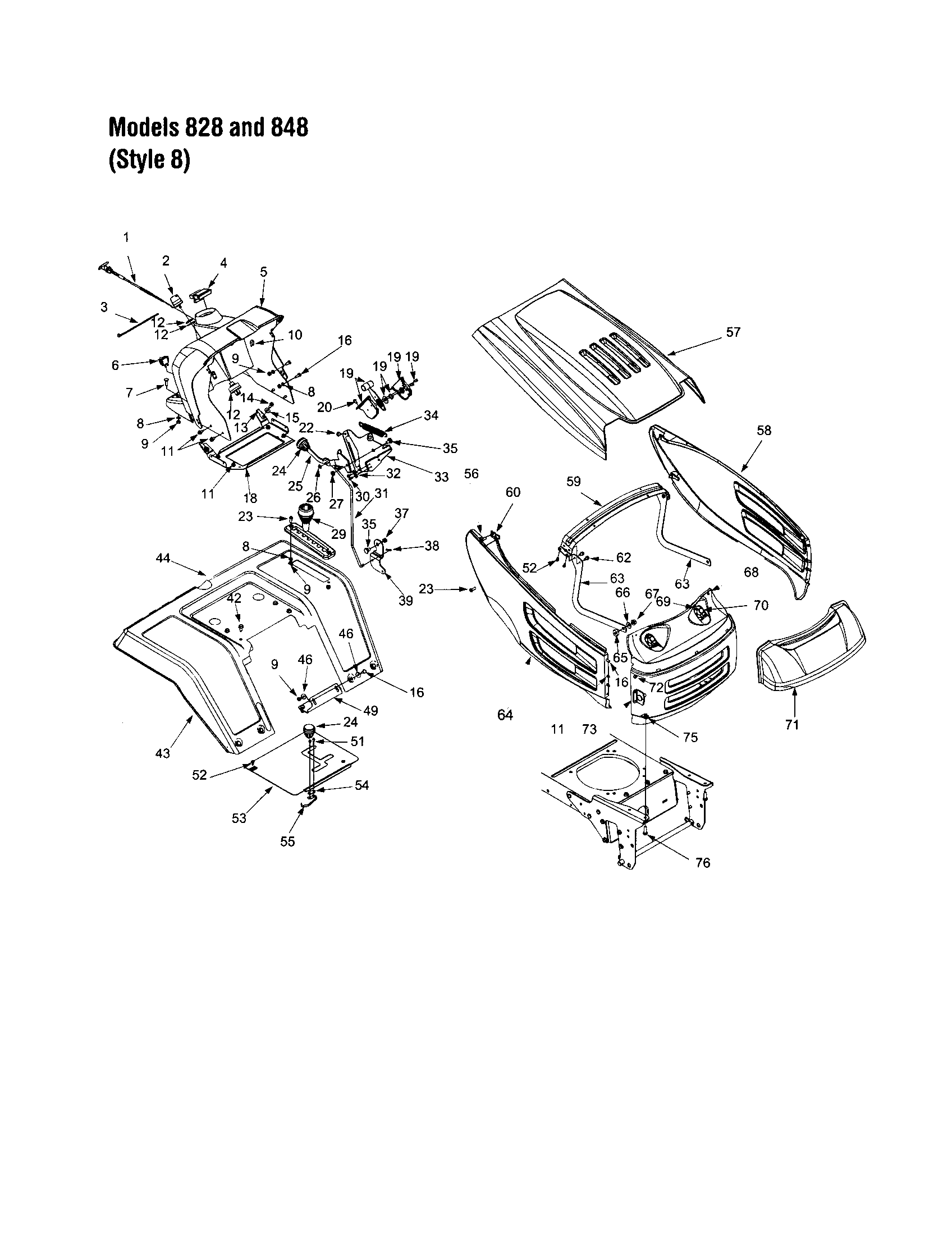MTD 840 THRU 849 hood/grille - style 8 - 828 and 848 diagram