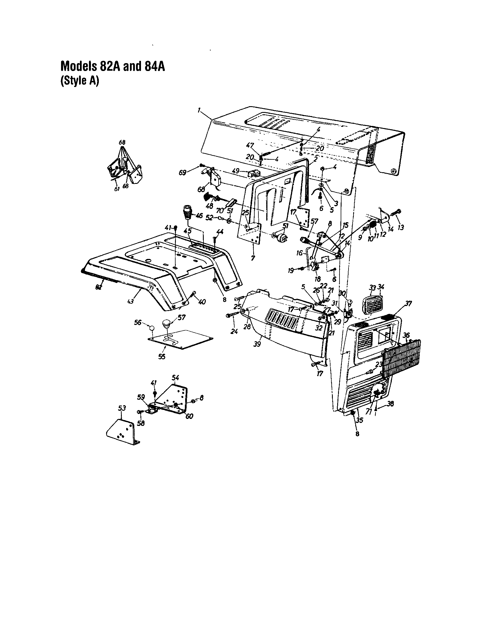 MTD 840 THRU 849 hood/grille - style a - 82a and 84a diagram