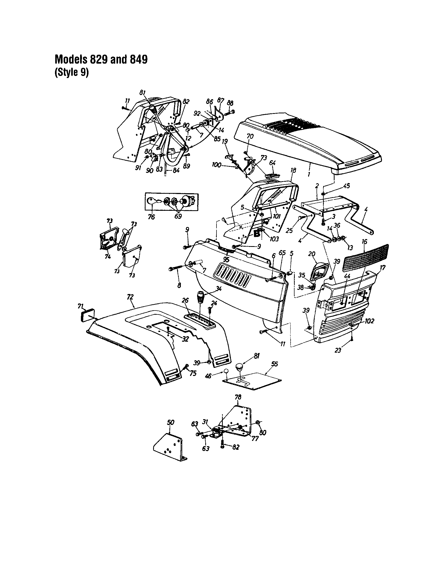 MTD 840 THRU 849 hood/grille - style 9 - 829 and 849 diagram