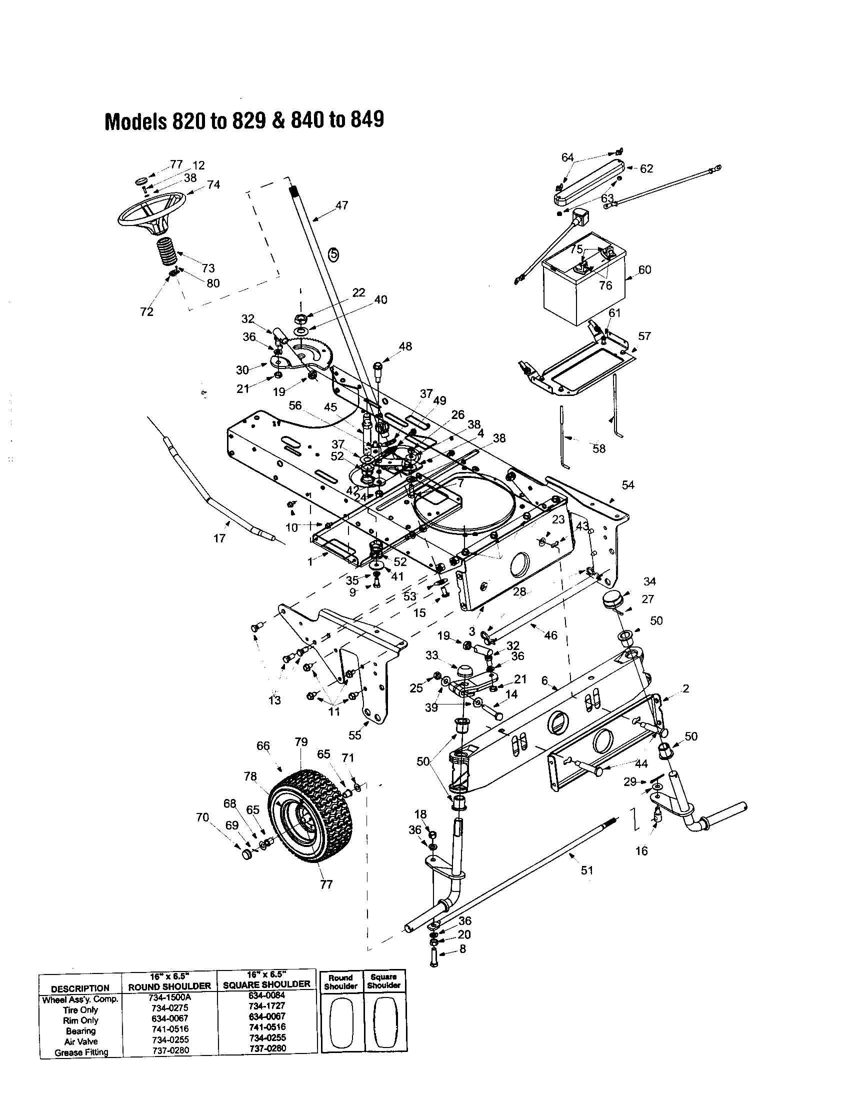 MTD 840 THRU 849 steering assembly/front wheel diagram