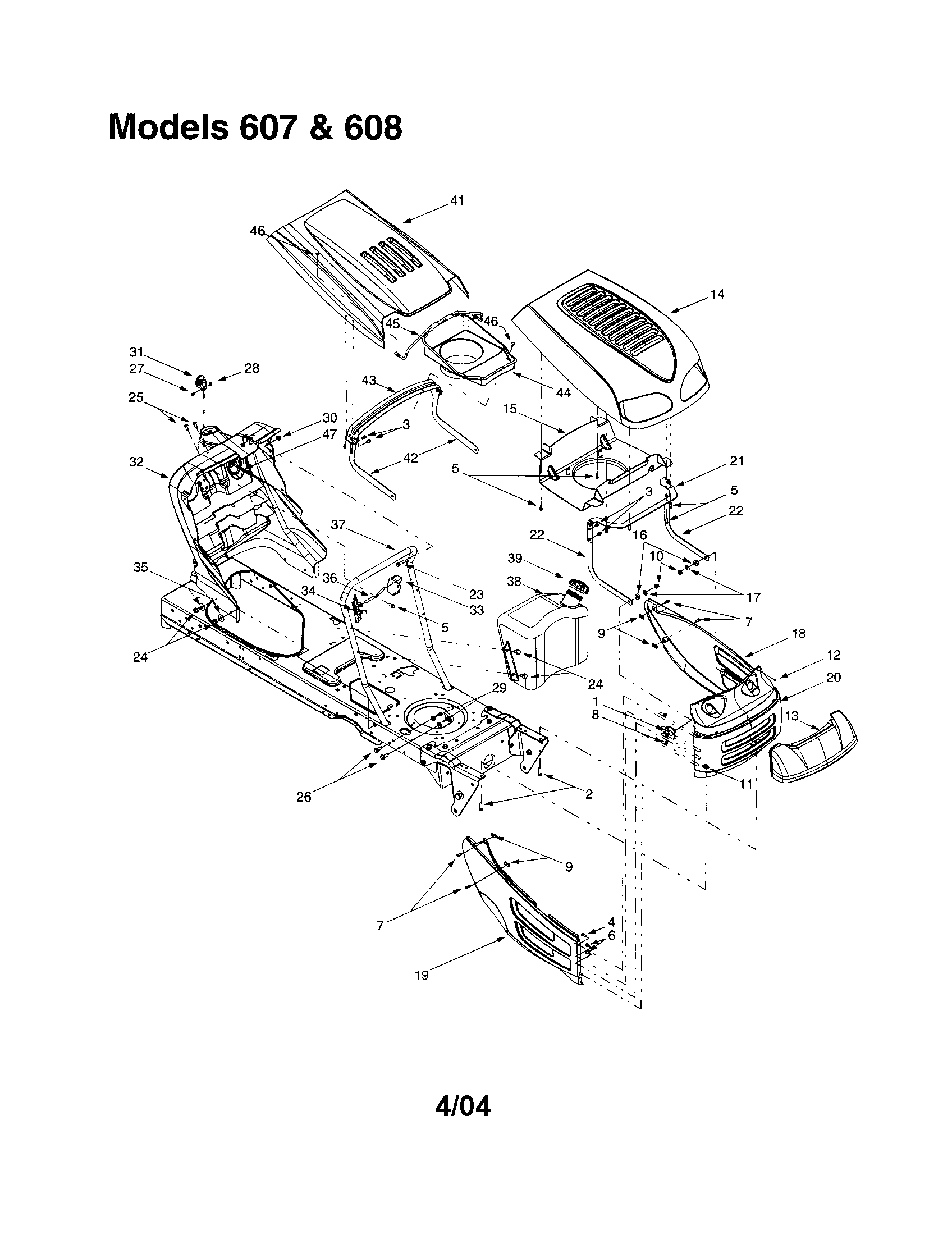 MTD 609 hood/grille 607 and 608 diagram