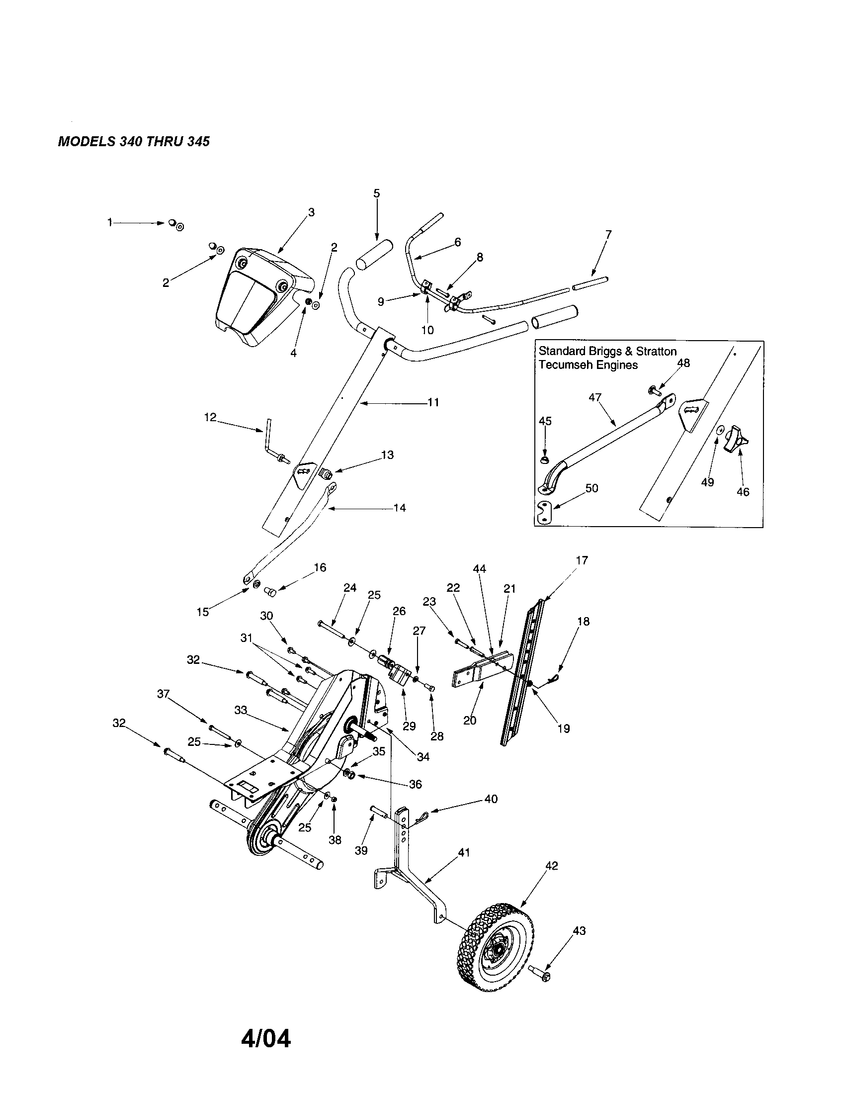 MTD 340 THRU 390 handle/frame/wheel diagram