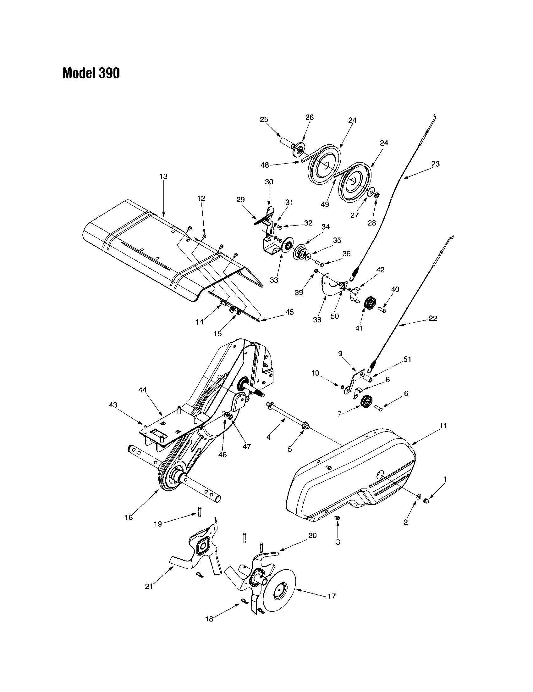 MTD 340 THRU 390 tine shield/engine plate/belt - 390 diagram