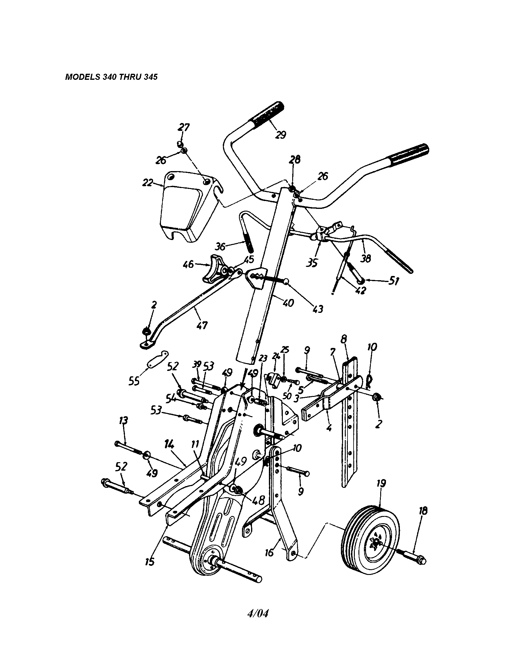 MTD 340 THRU 390 handle/cover-handle/frame diagram