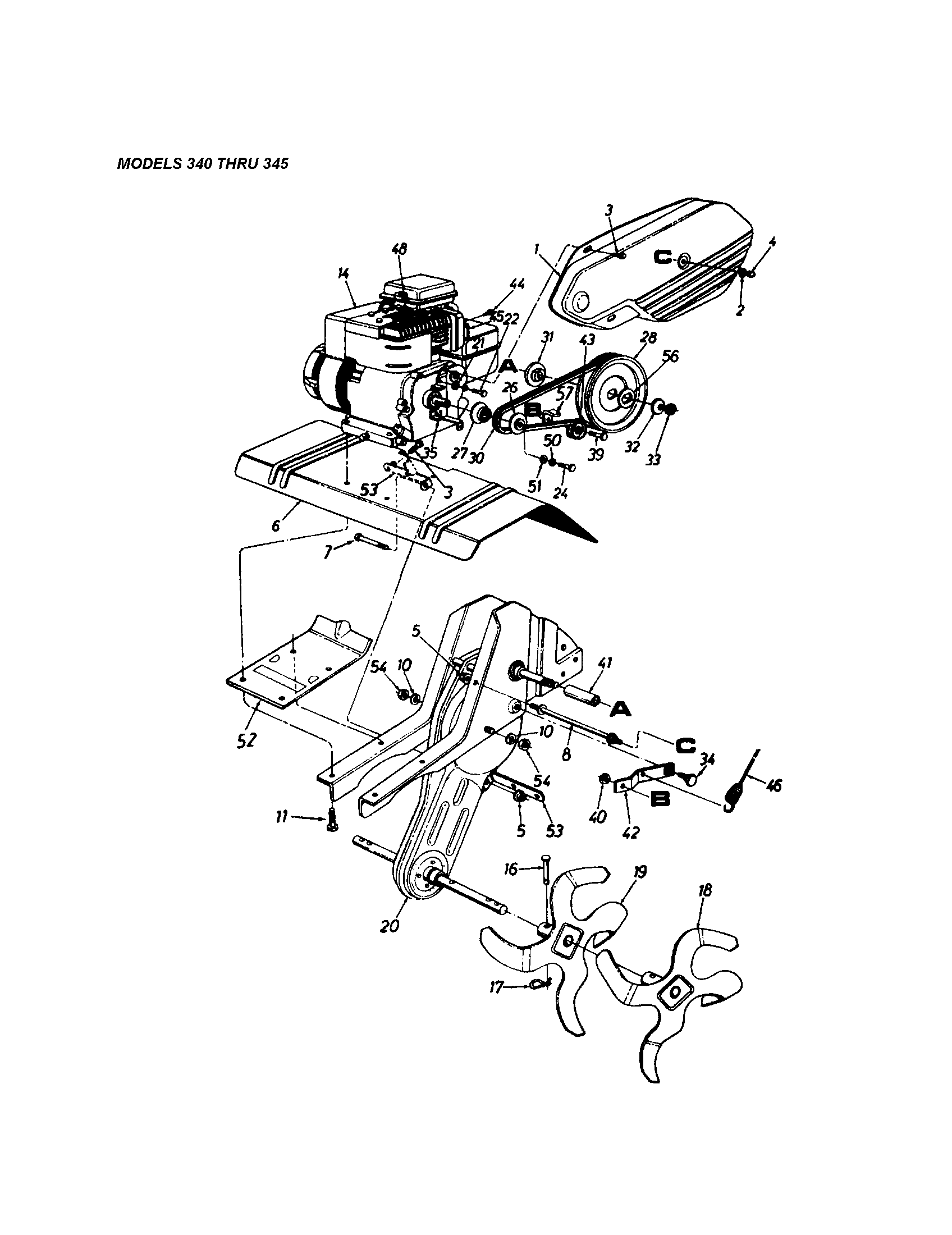 MTD 340 THRU 390 engine/tine shield/chain case diagram