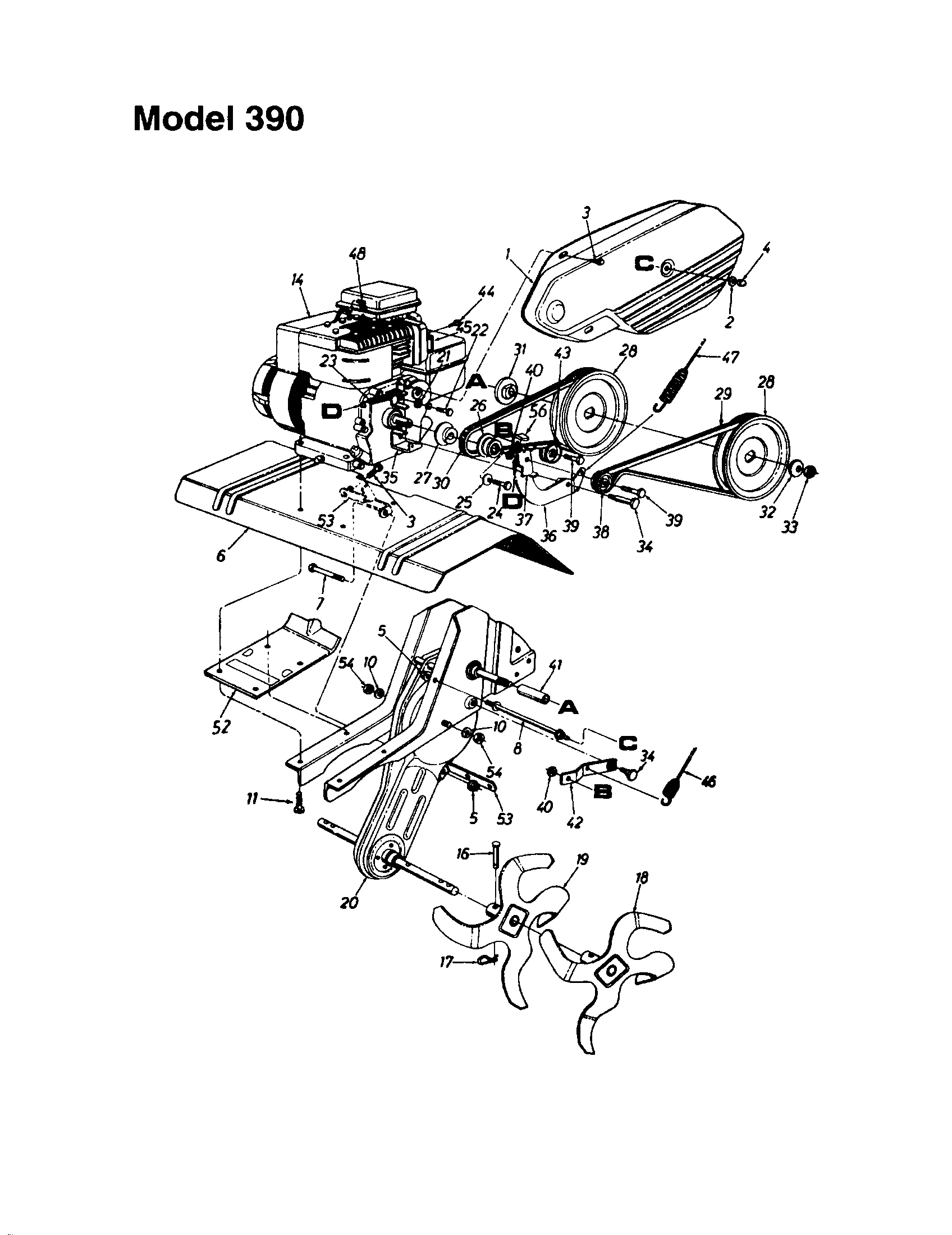 MTD 340 THRU 390 engine/belt cover/tine shield - 390 diagram