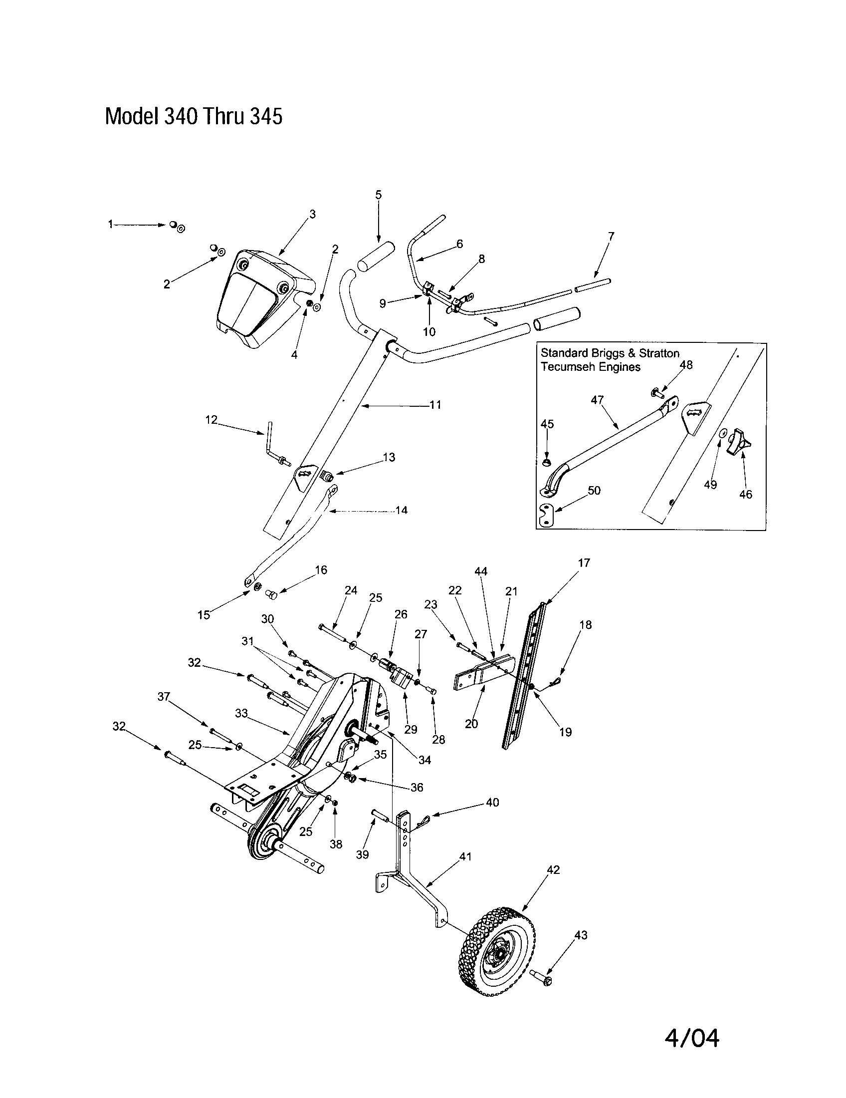 MTD 340 THRU 390 handle/cover-handle/frame diagram