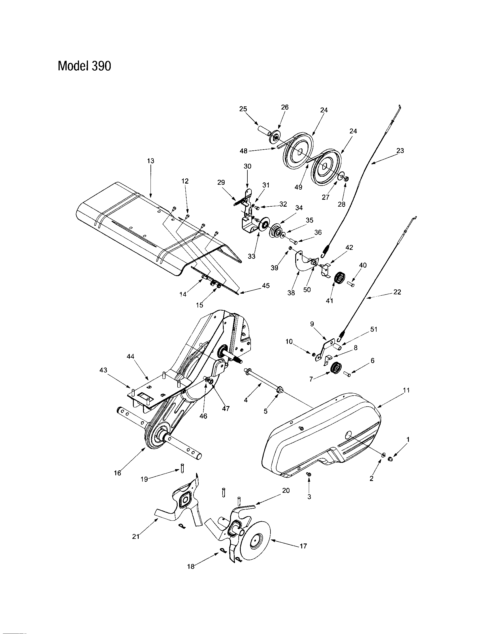 MTD 340 THRU 390 tine shield/engine plate/belt - 390 diagram