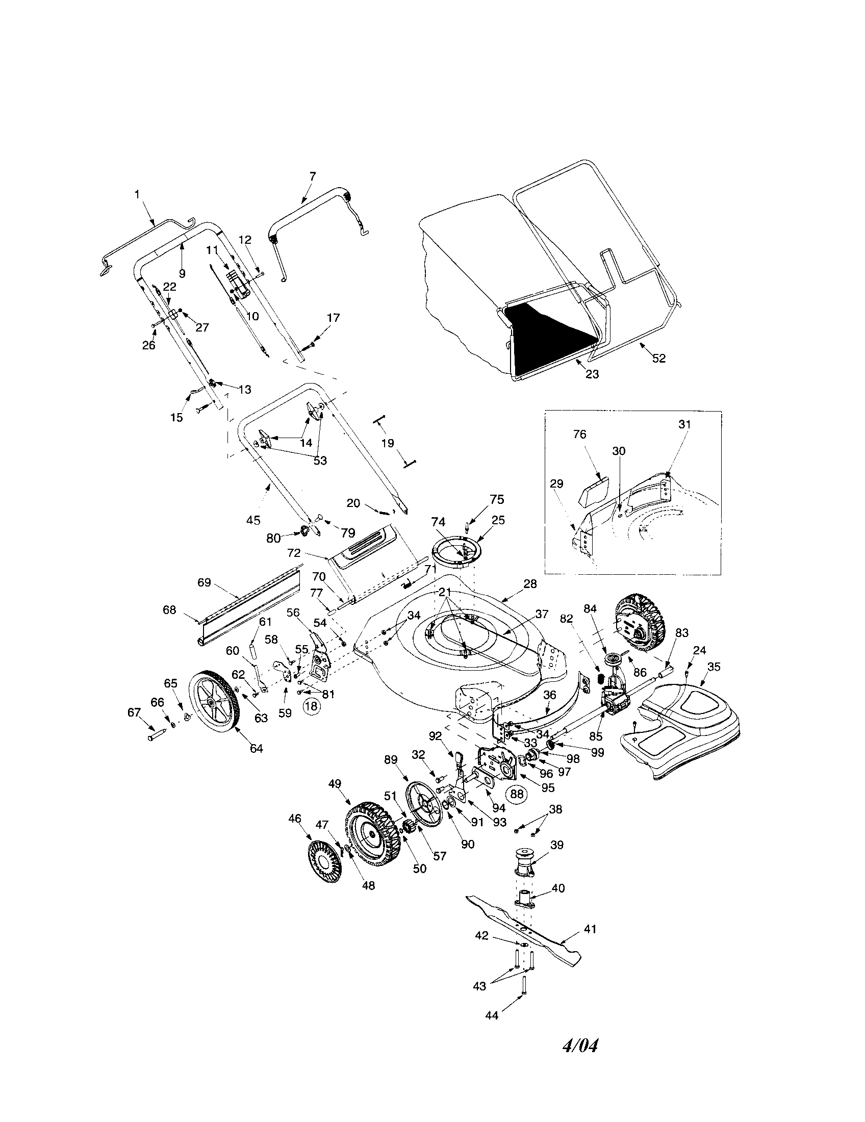 MTD 12A-559K062 deck/handle/wheels/bag diagram