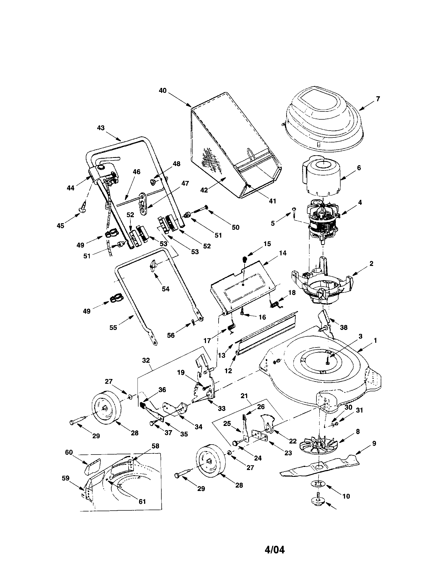 MTD 407 mower housing/handle/hood/bag diagram