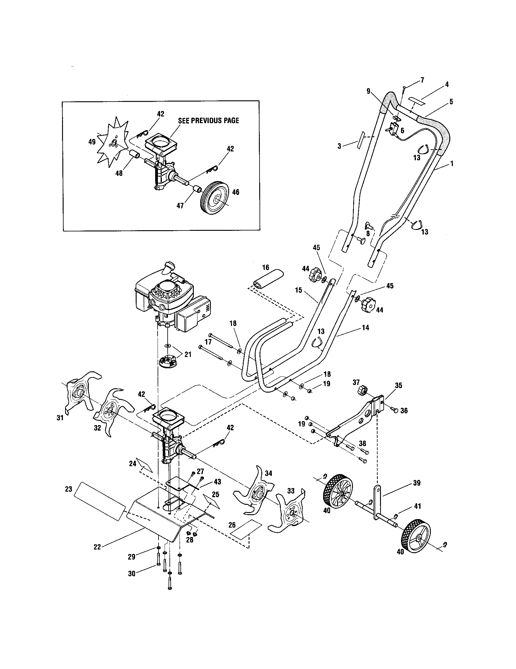 Troybilt 21A-128T063 handle/wheels/tines diagram
