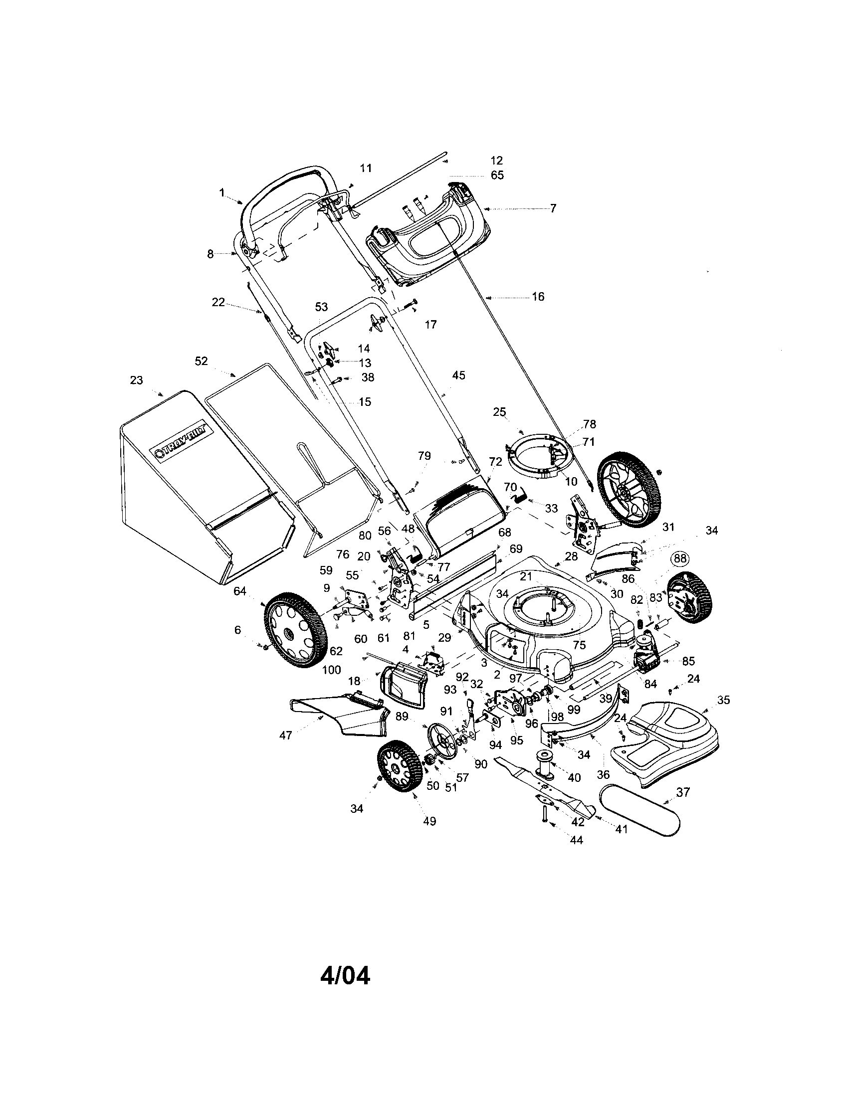 Troybilt 12AD566N711 deck/handle/bag/wheel diagram