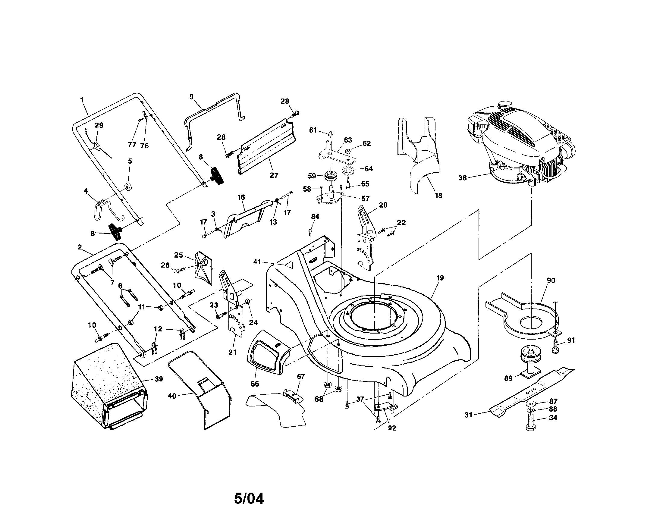 Craftsman 917374820 engine/housing/handle/bag diagram