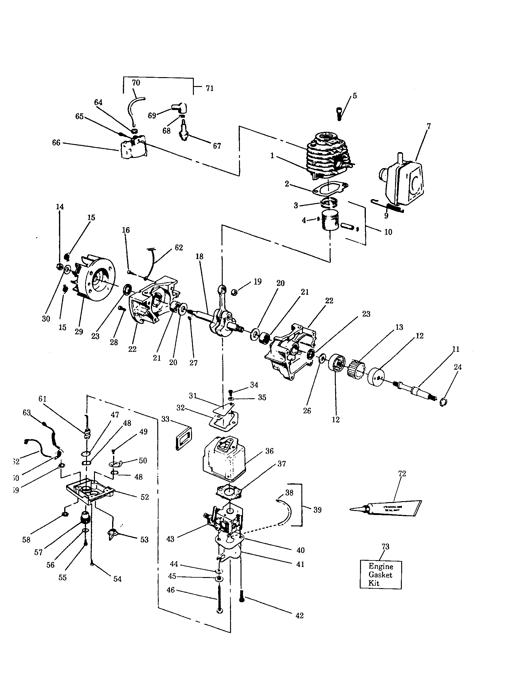 Weed Eater 1960 cylinder/muffler/crankshaft diagram