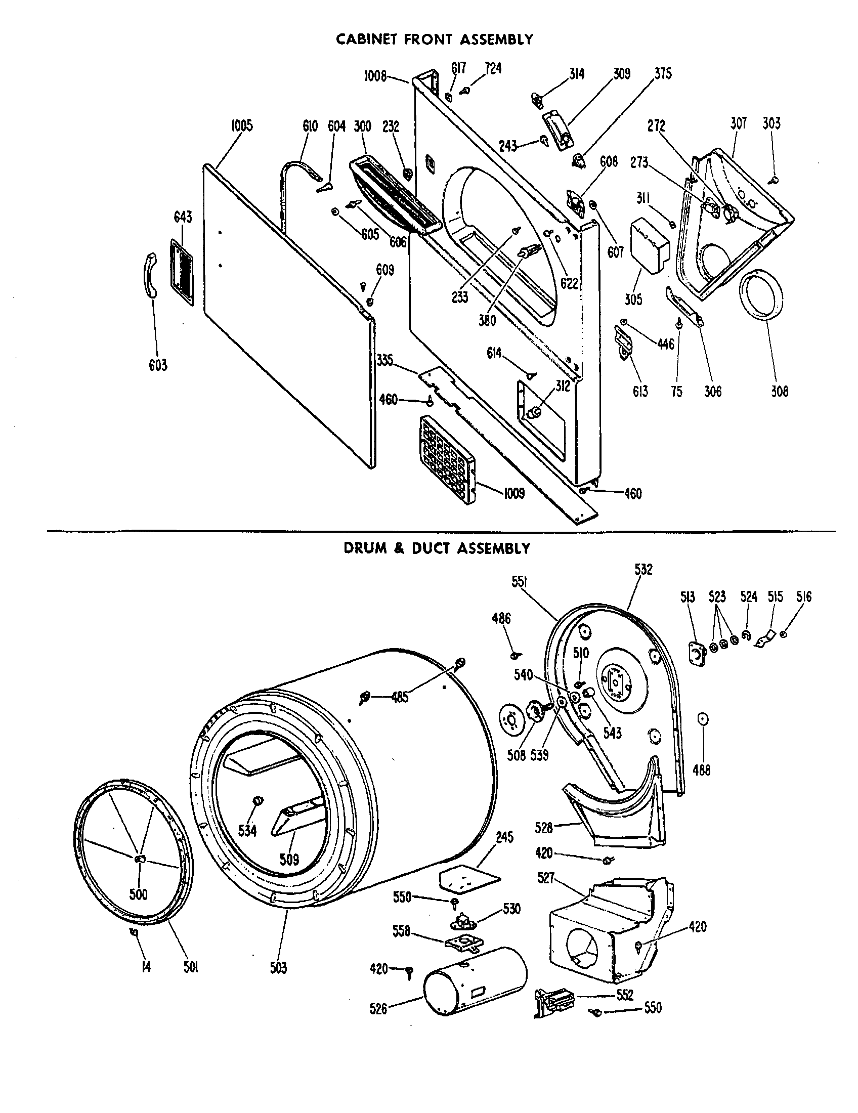 Hotpoint DLL2880DBL cabinet front/drum/duct diagram