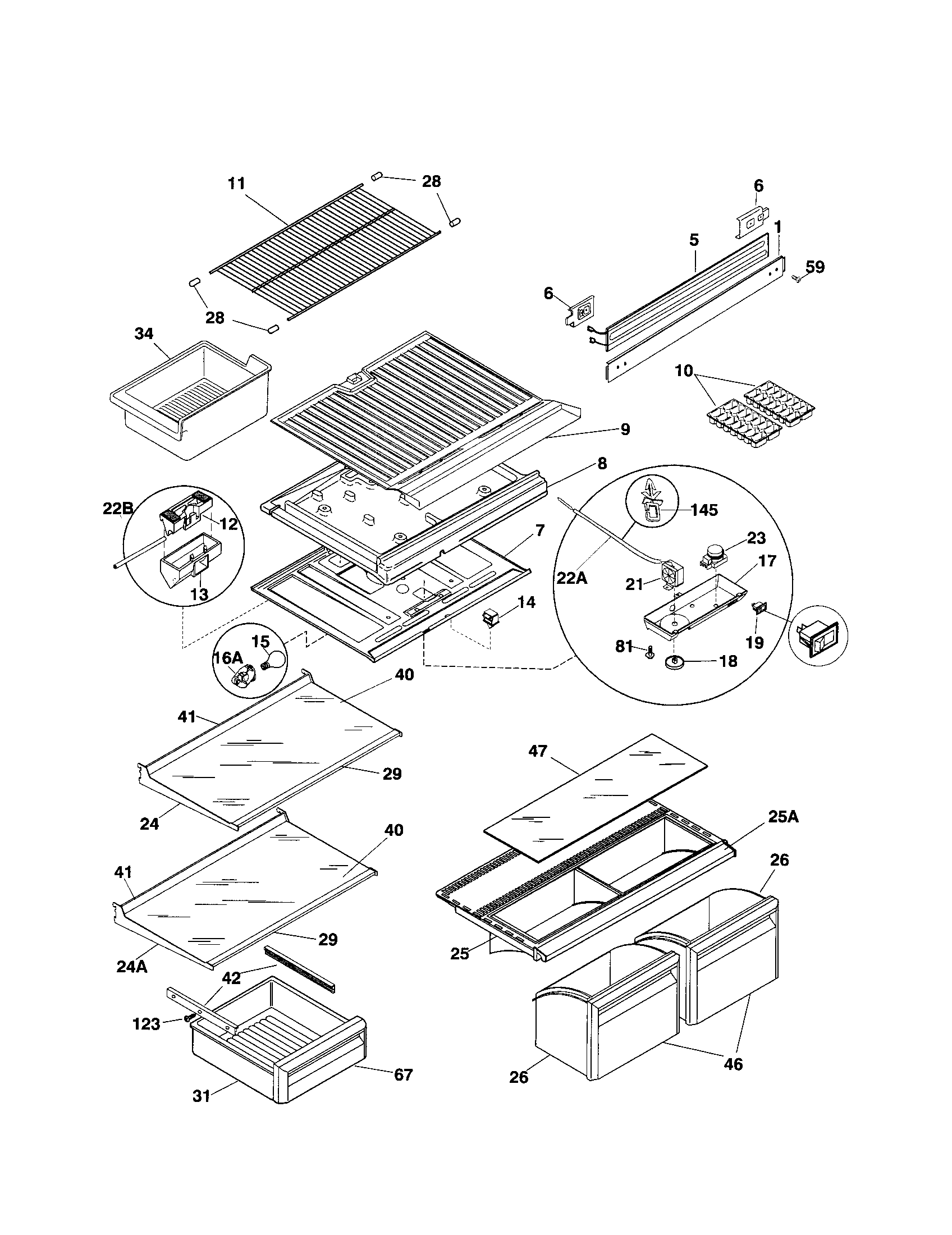 Frigidaire F44N21GSW0 shelves diagram