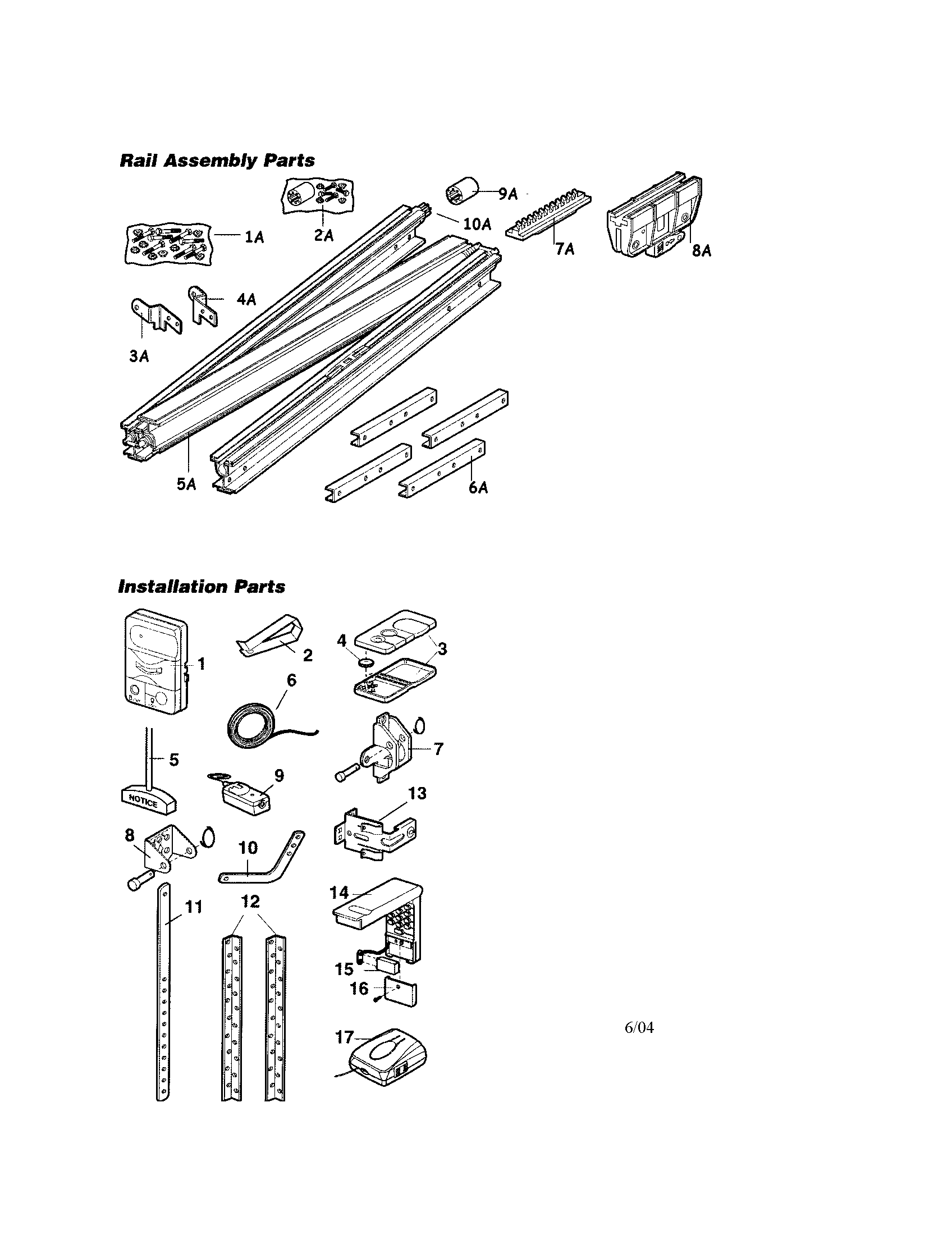 Craftsman 13953924 rail and installation assembly diagram
