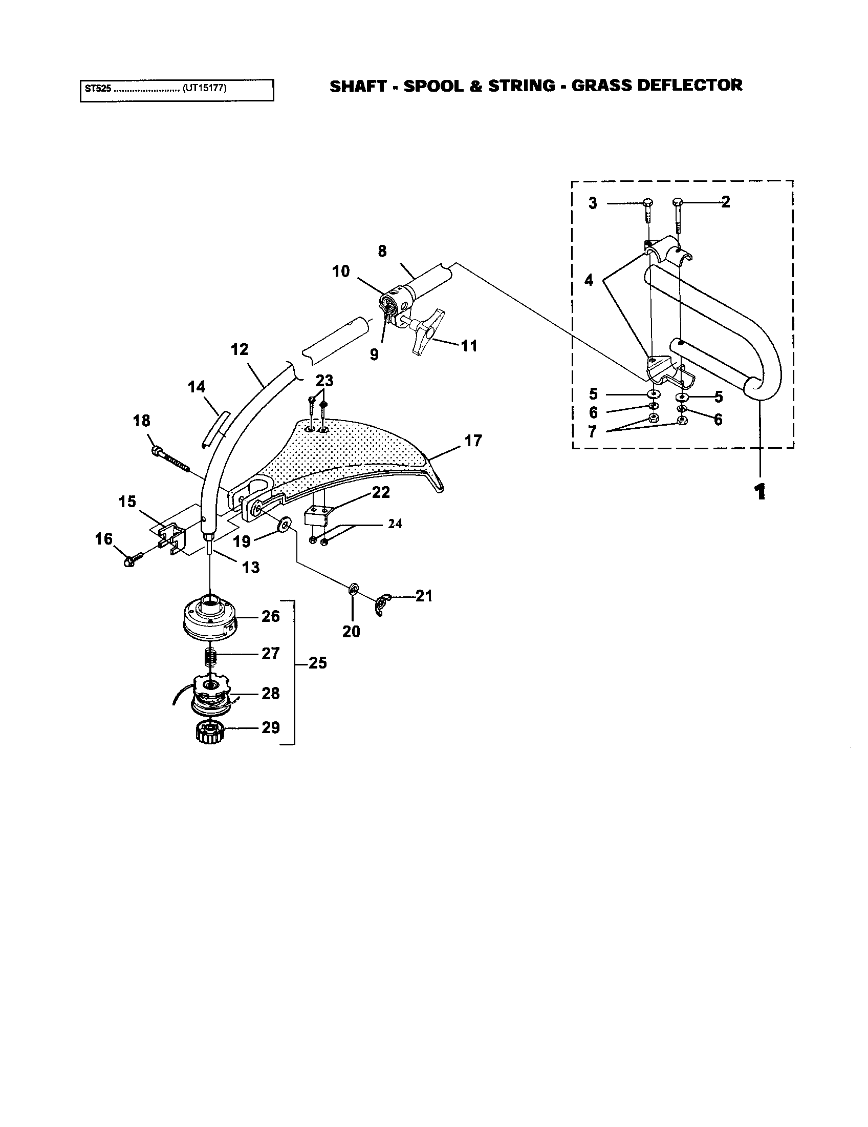 Homelite UT20779 shaft/spool/shaft/grass deflector diagram