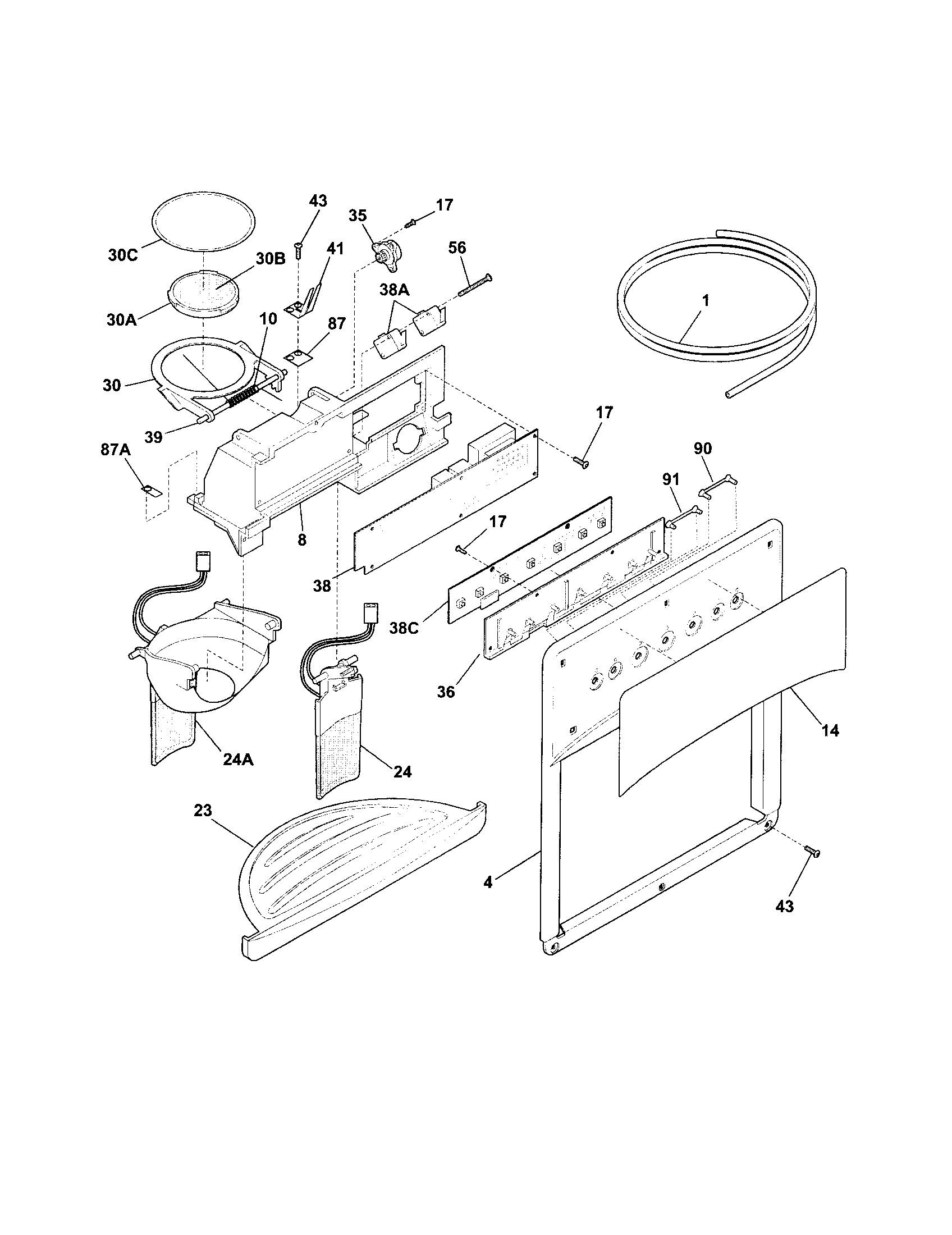 Frigidaire GHSC239DW1 ice and water dispenser diagram