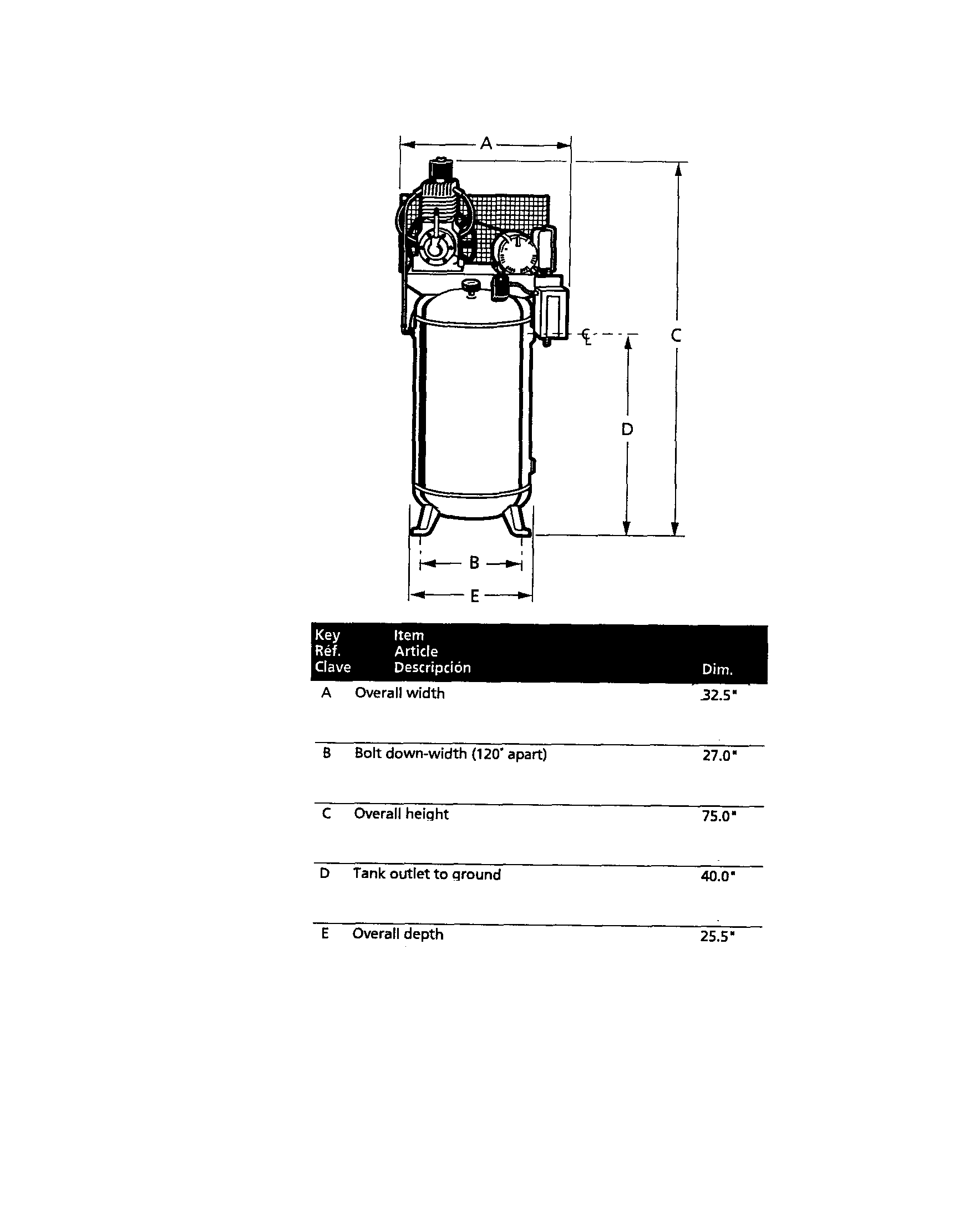 Campbell Hausfeld CI071080VMS overall width/height/tank outlet diagram