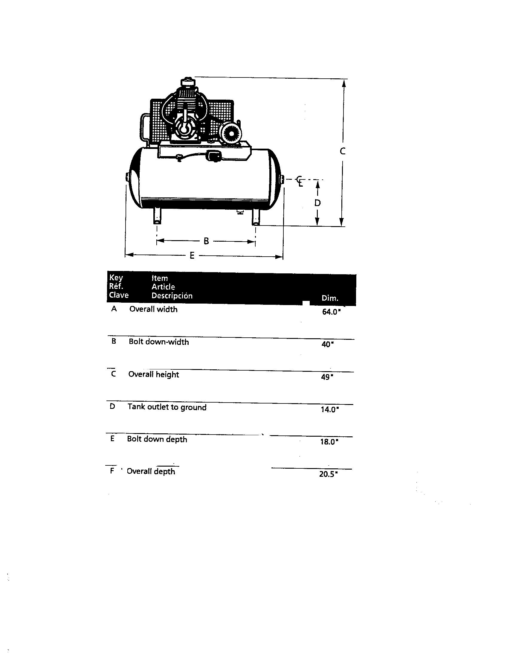 Campbell Hausfeld CI071080VMS overall width and height/tank outlet diagram