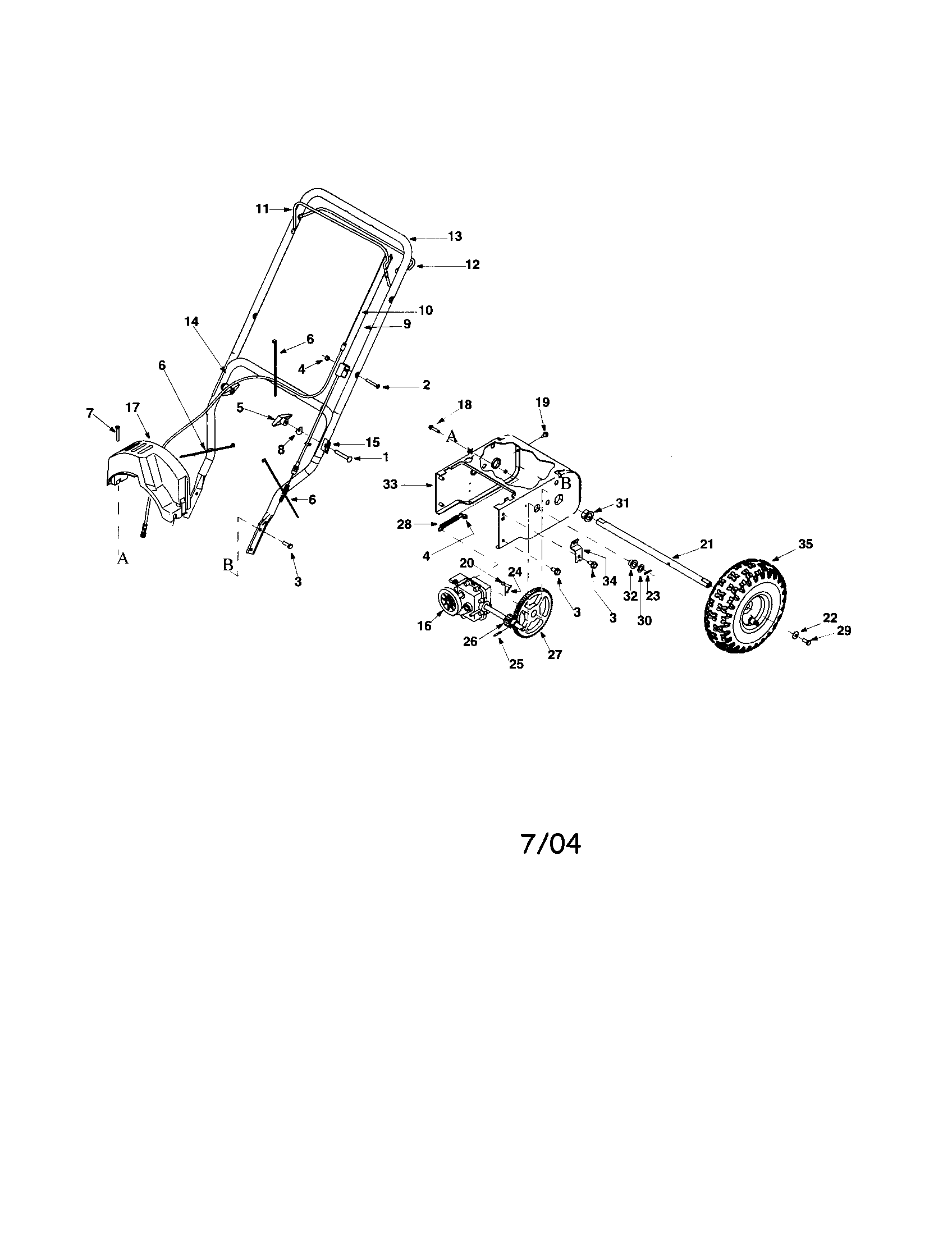 MTD 3BA drive cable/handle/axle/wheel diagram