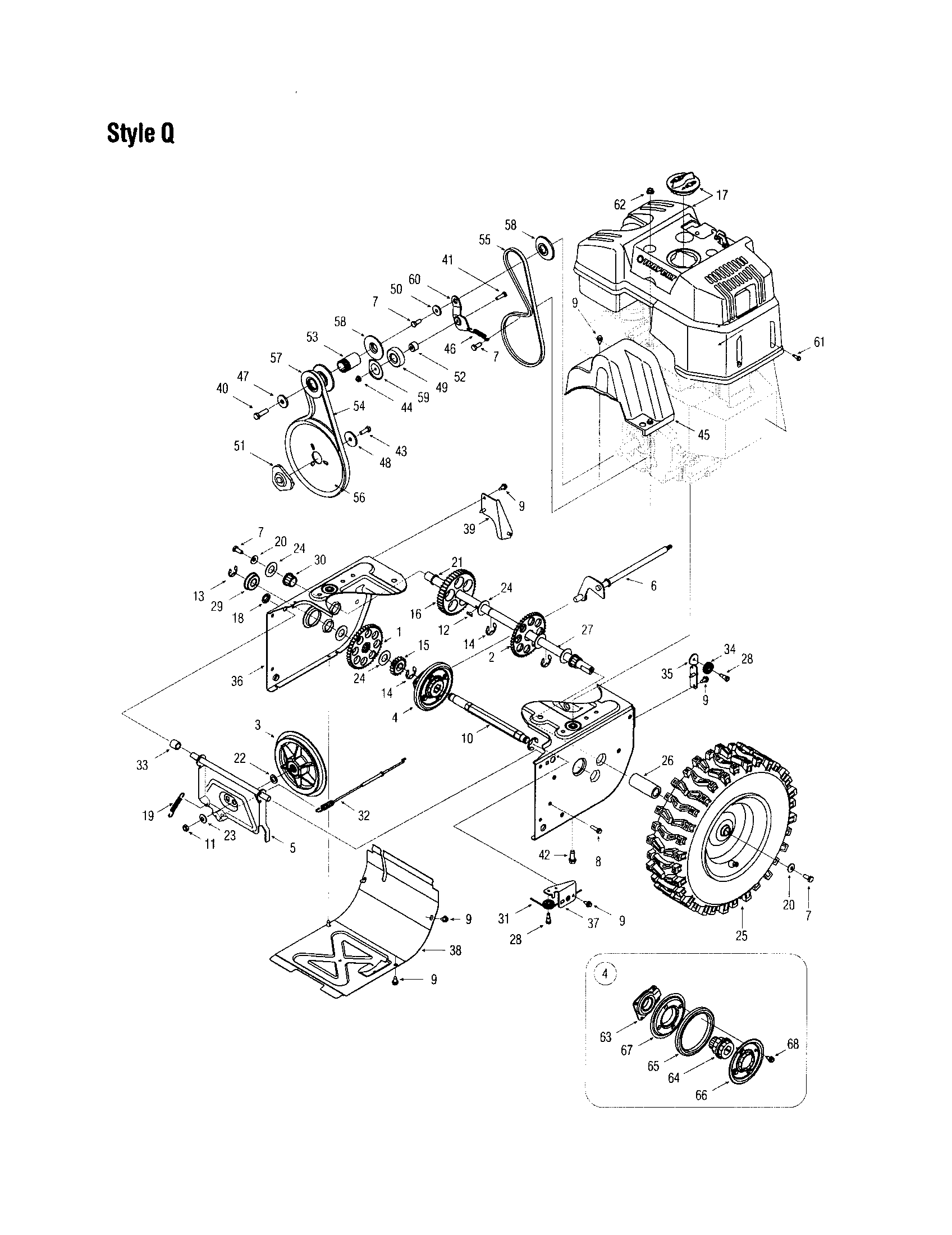 Troybilt 9528 gear/wheel/frame/v-belt diagram