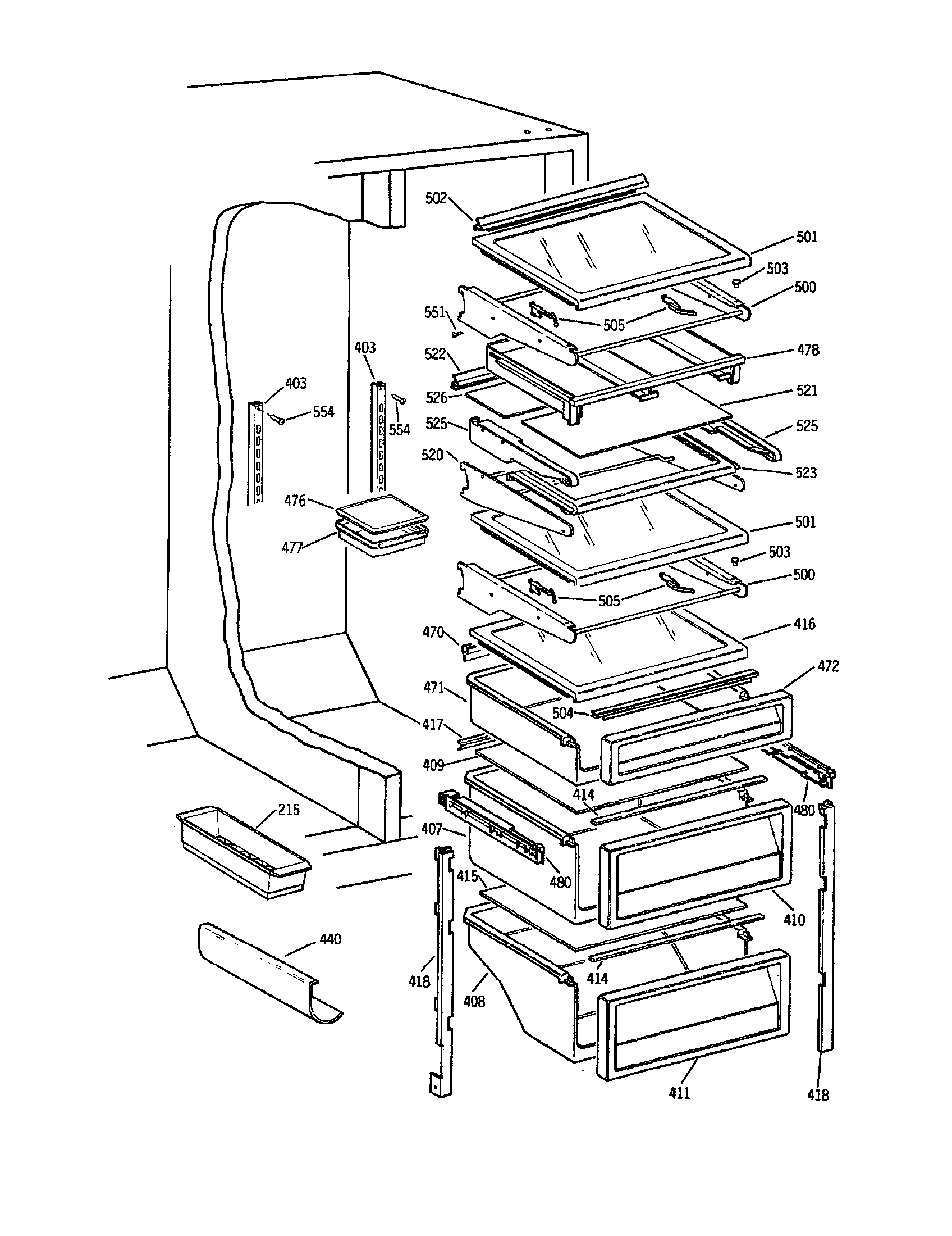 GE TPH21PBSAWW fresh food shelves diagram