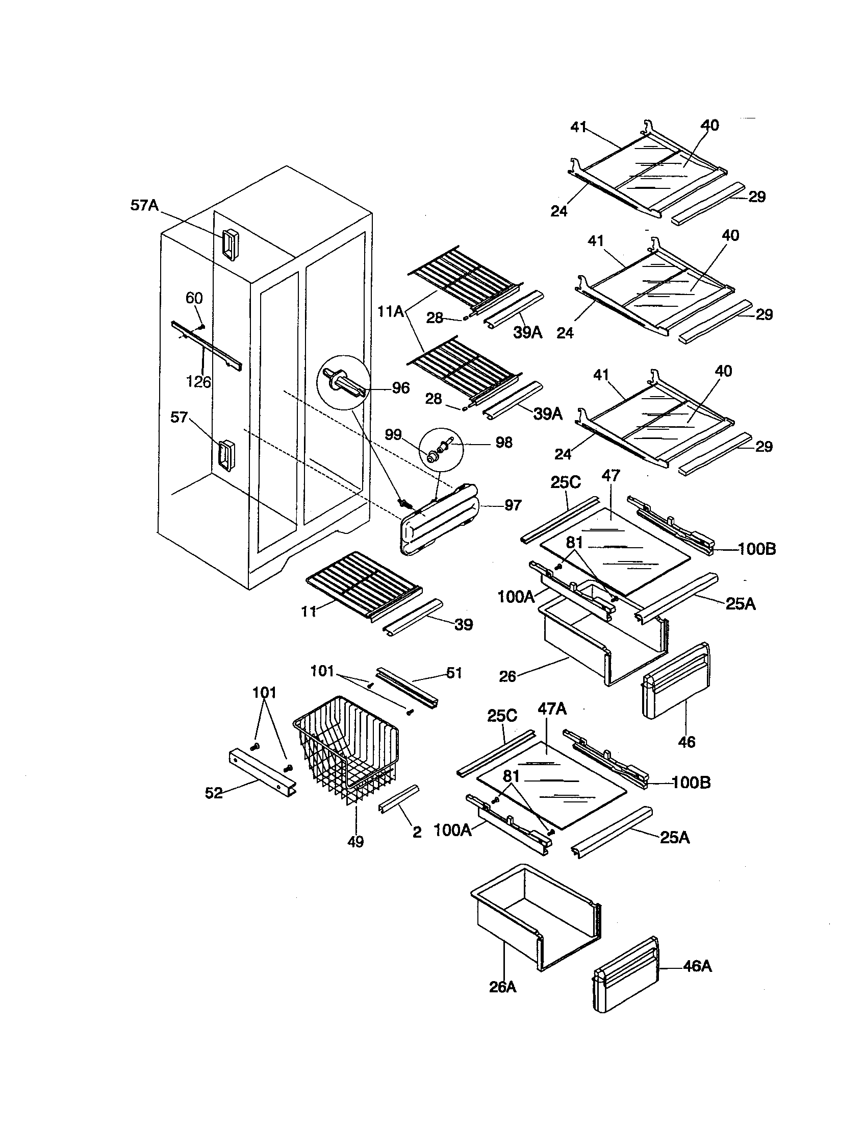 Universal/Multiflex (Frigidaire) MRS26WREW1 shelves diagram